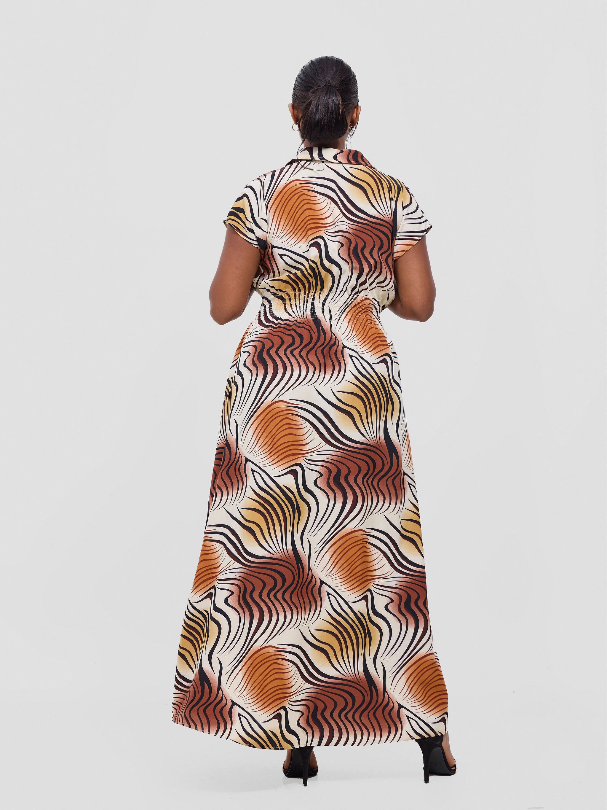 Vivo Zena Shirred Waist Maxi Shirt Dress - Cream Jazah Print