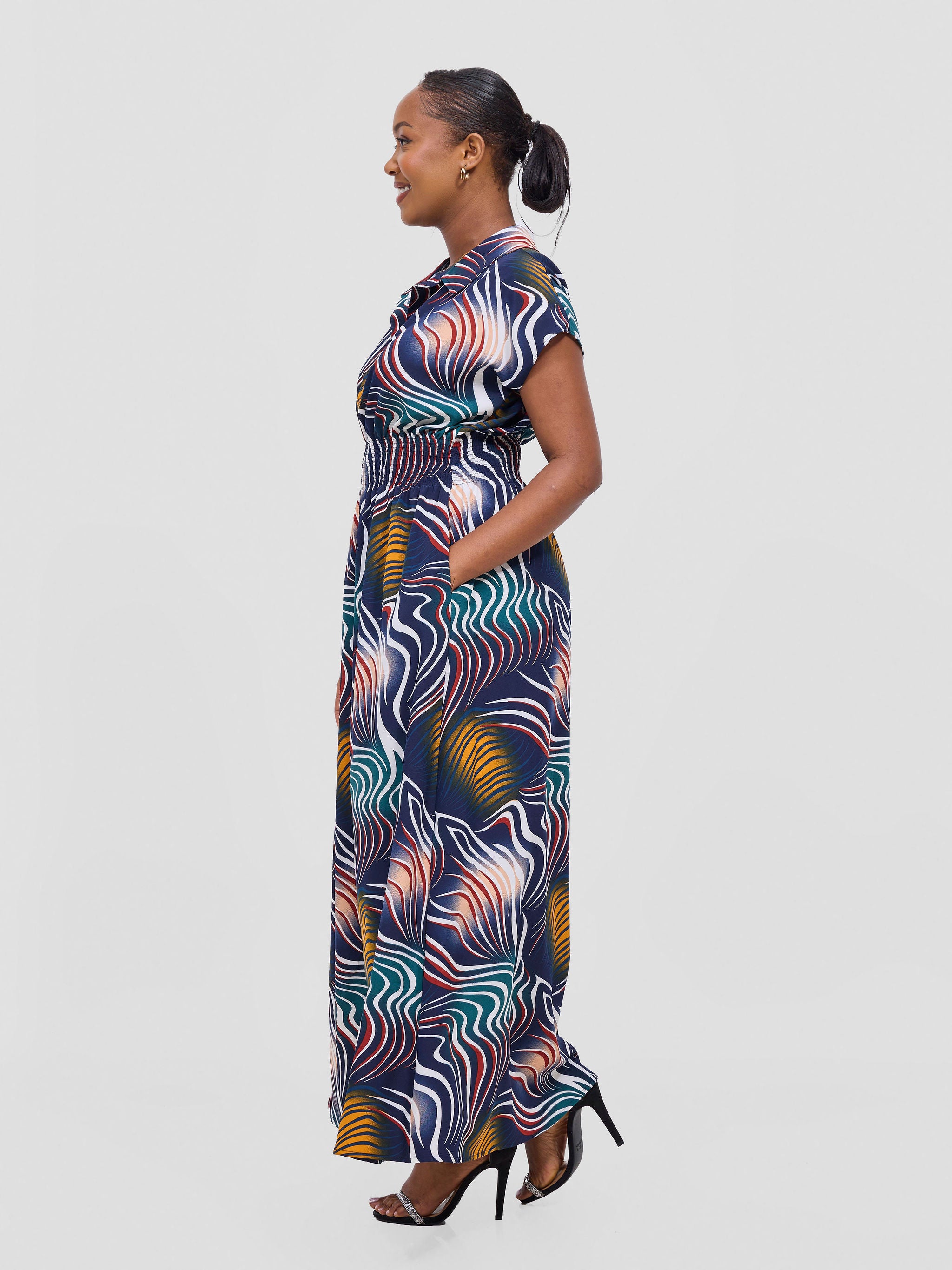 Vivo Zena Shirred Waist Maxi Shirt Dress - Navy Jazah Print