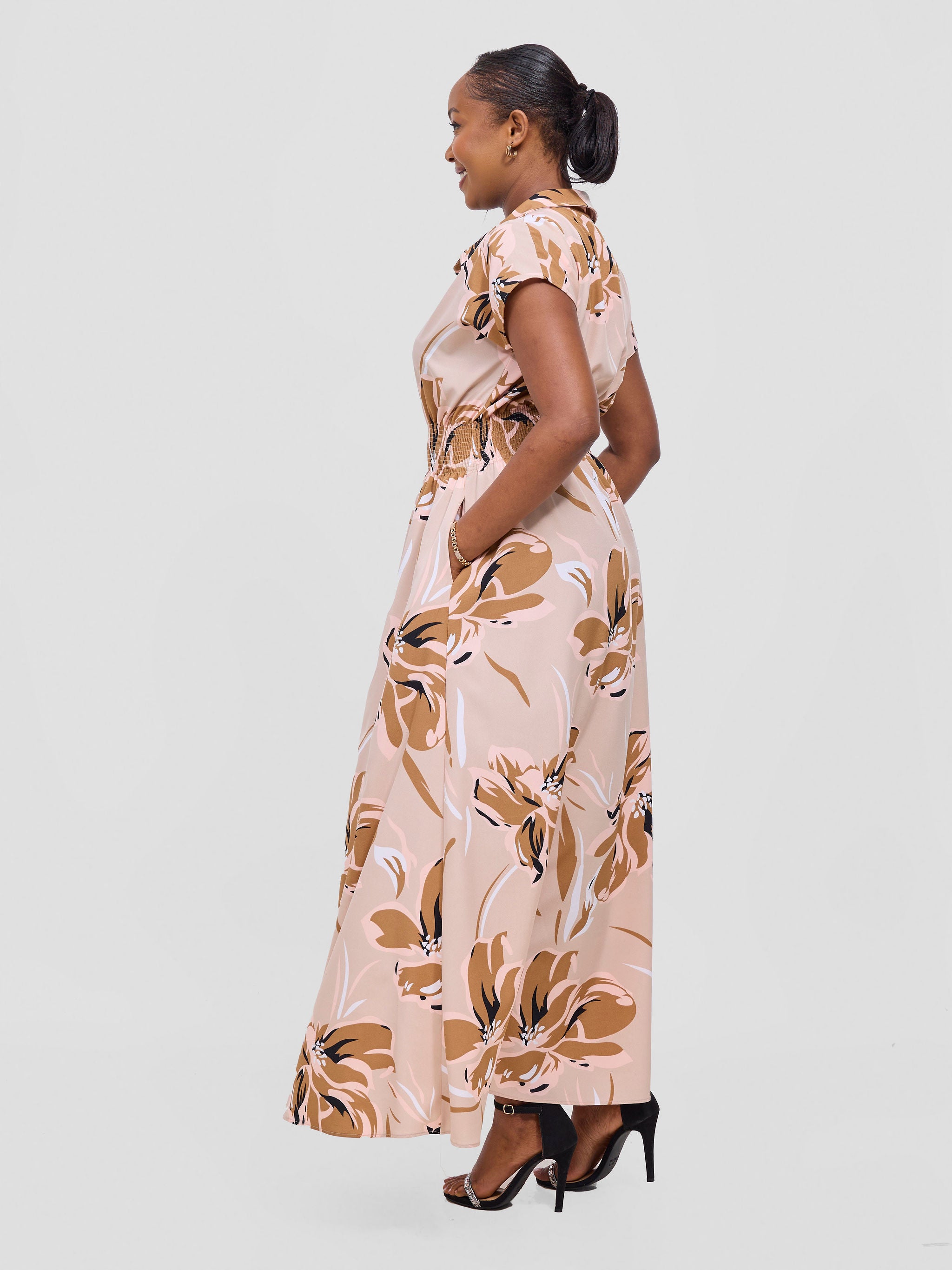 Vivo Zena Shirred Waist Maxi Shirt Dress - Taupe Jazah Print