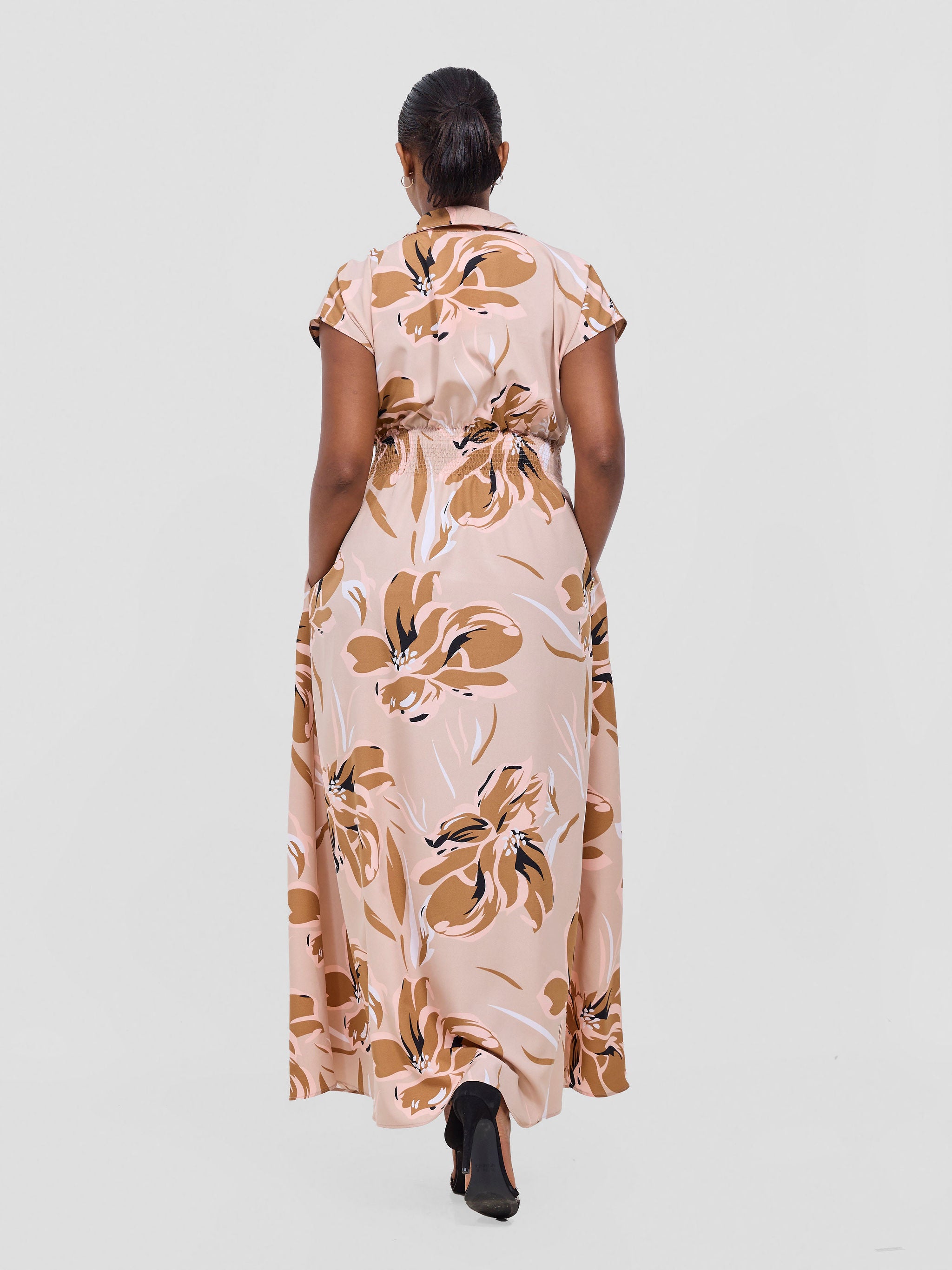 Vivo Zena Shirred Waist Maxi Shirt Dress - Taupe Jazah Print