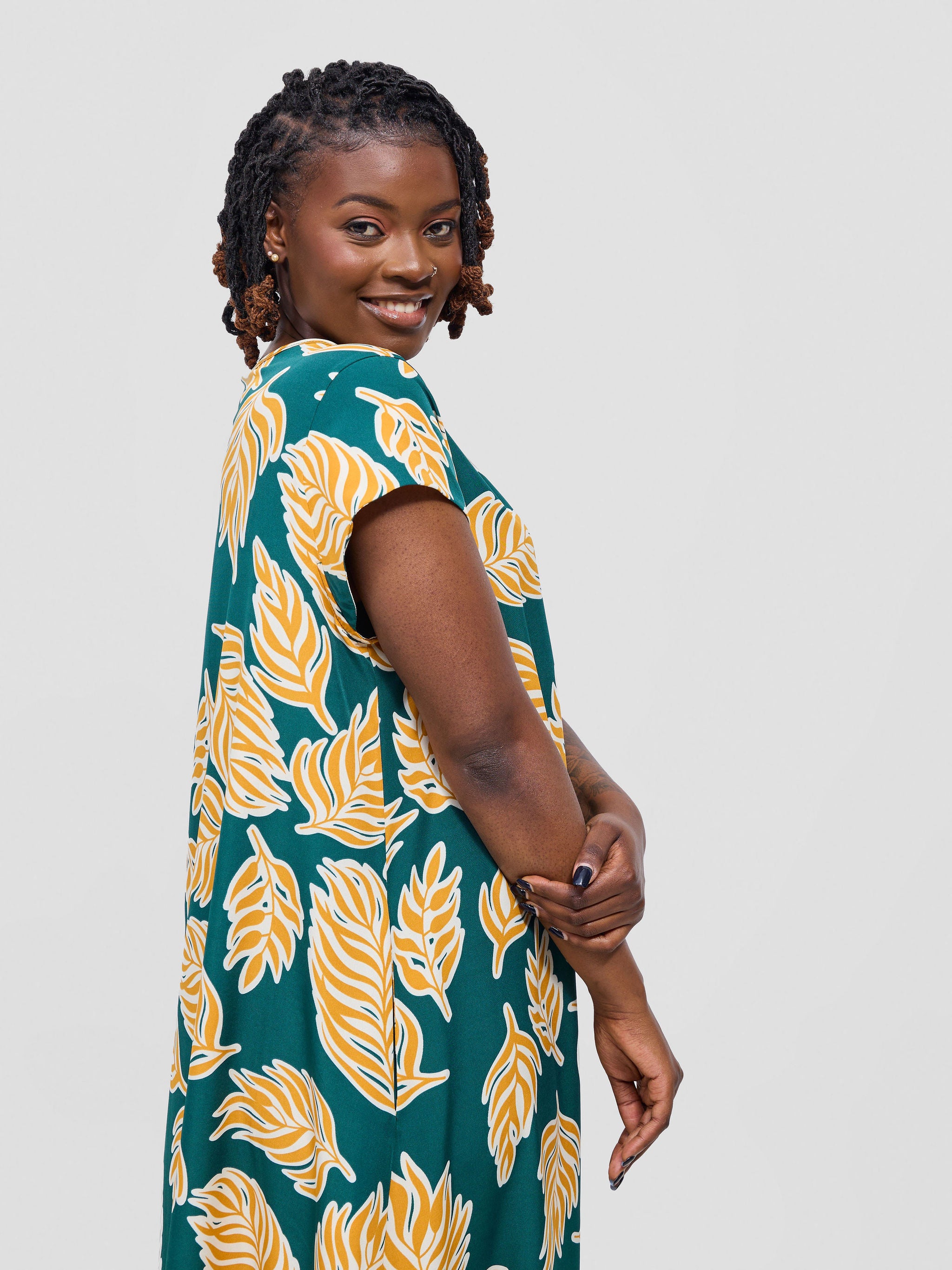 Vivo Sakari Cap Sleeve Maxi Dress - Green / Mustard Print