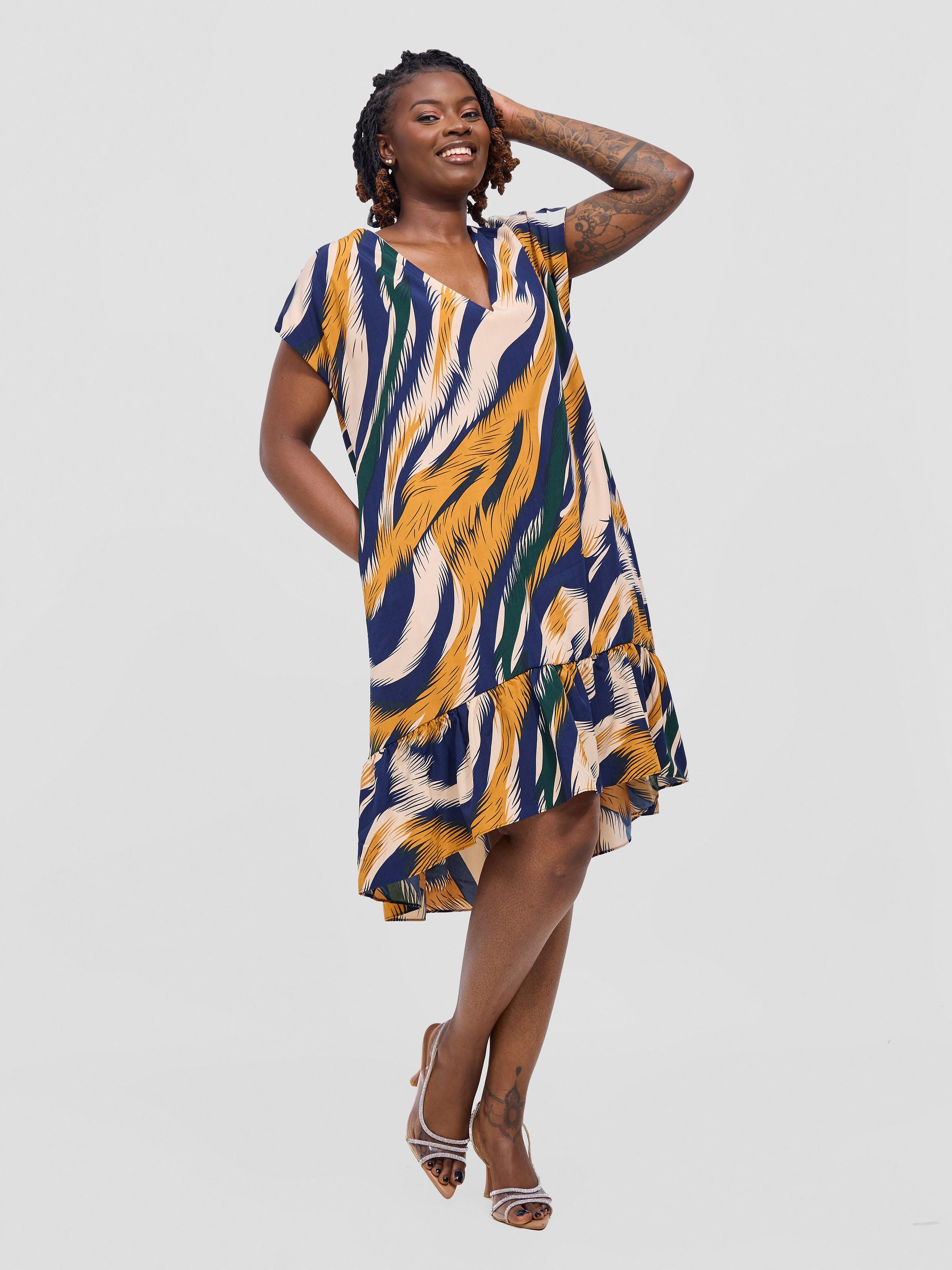 Vivo Asha Drop Shoulder Knee Length Dress - Dark Navy / Cream Samara Print