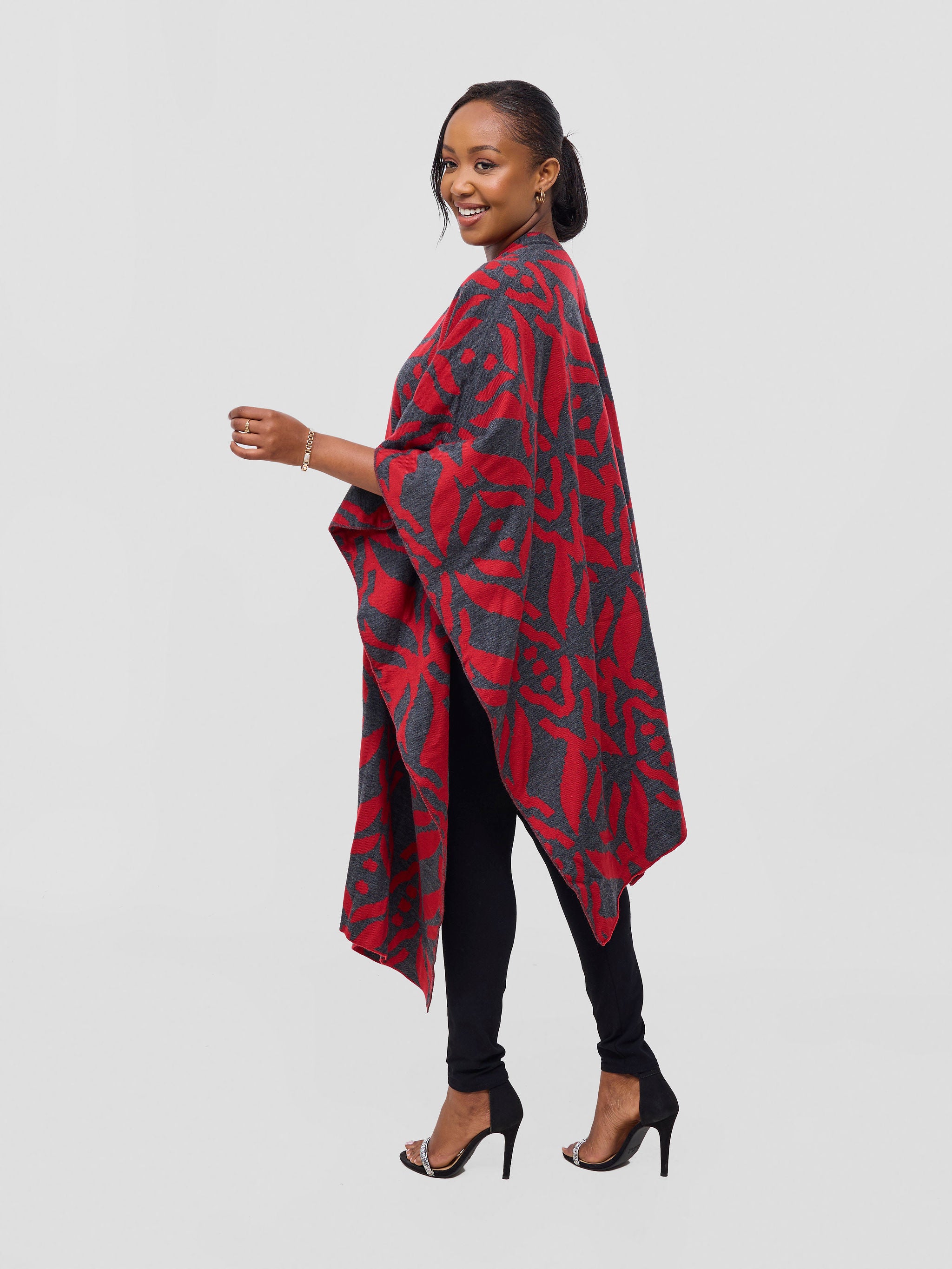 Vivo Reversible Poncho without Fringes - Cherry /  Dark Mix Grey Ukwi Print
