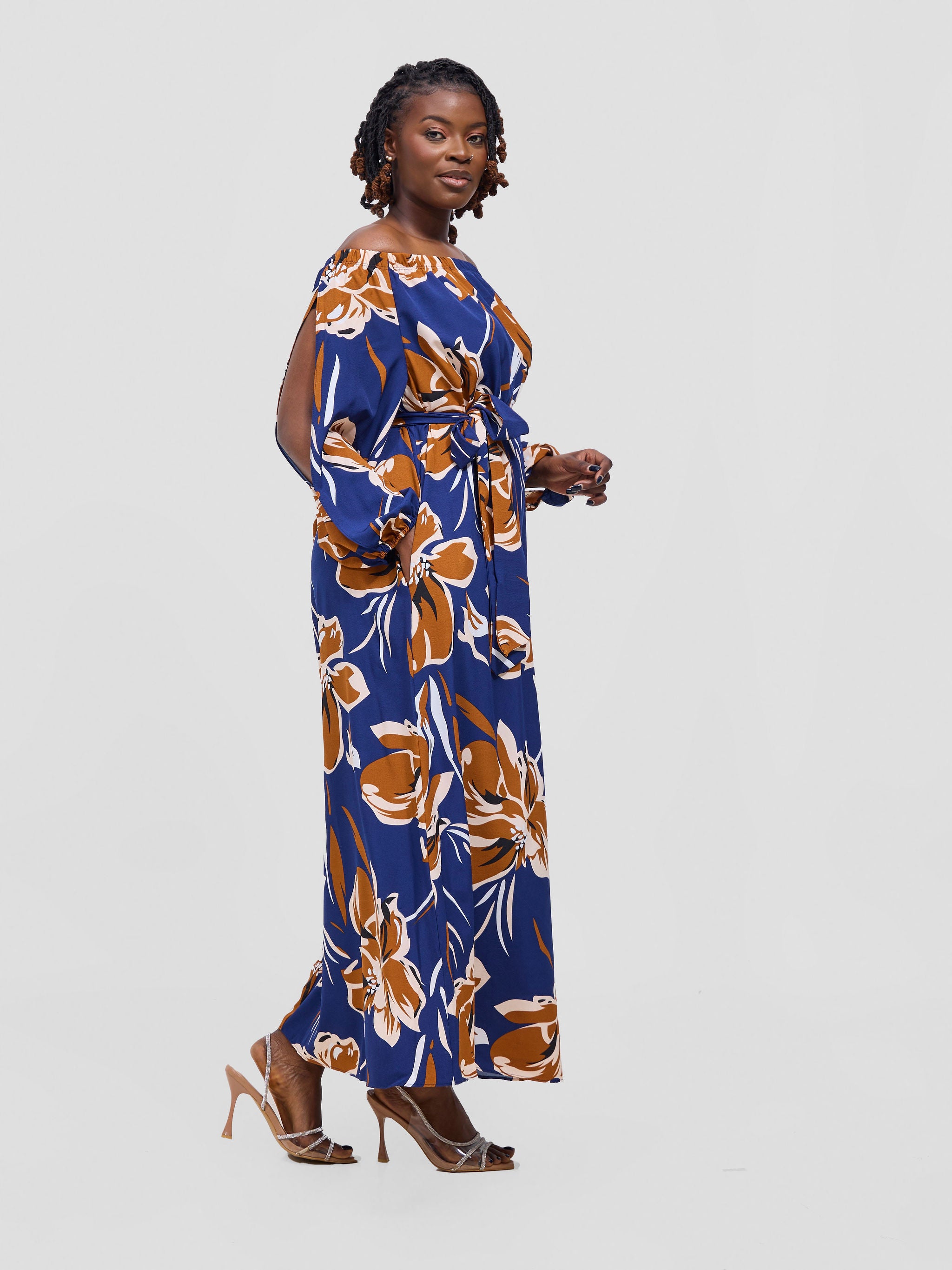 Vivo Yumi Off Shoulder Maxi Dress - Brown / Navy Kigali Print