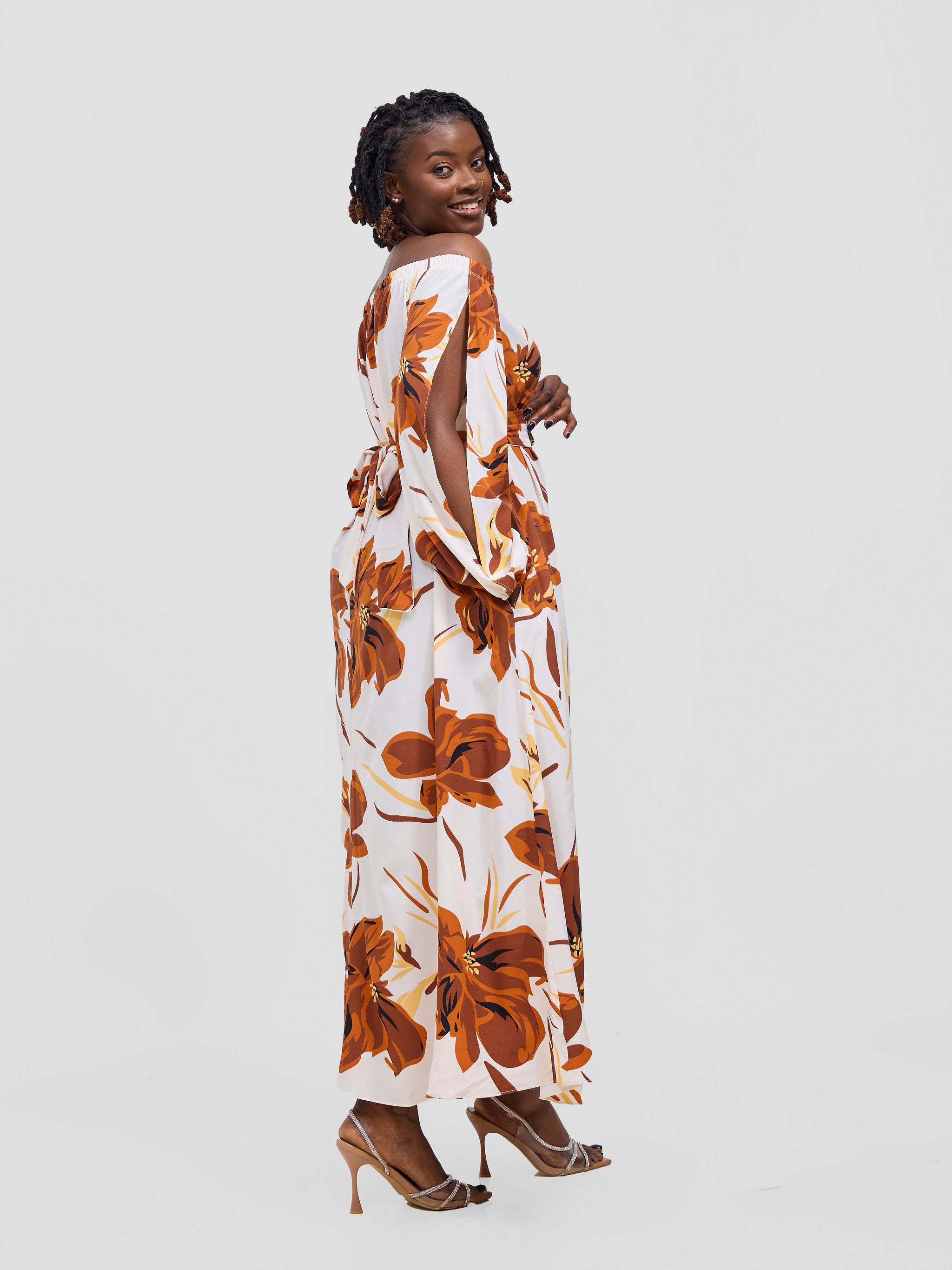 Vivo Yumi Off Shoulder Maxi Dress - Rust / Brown Kigali Print