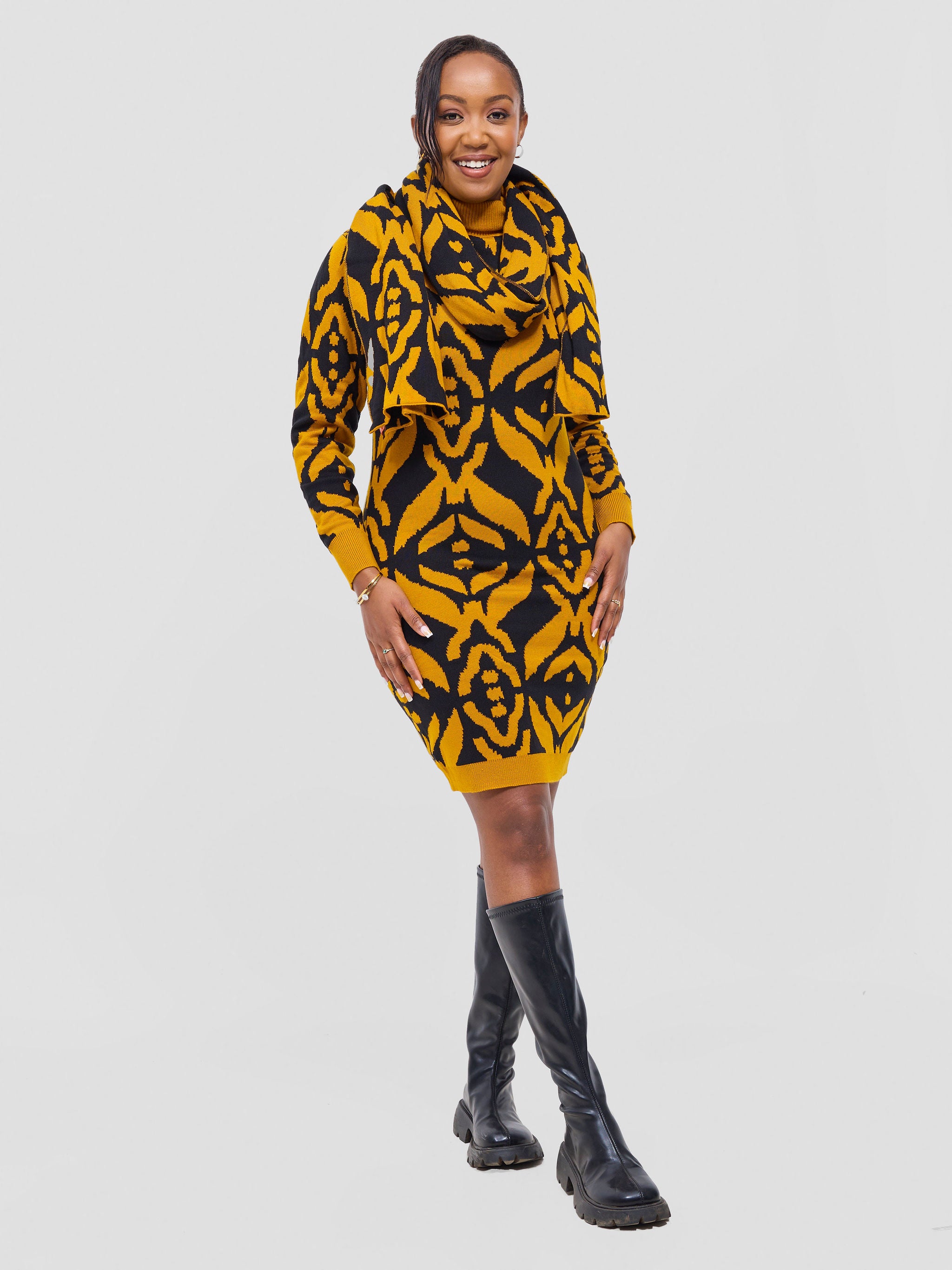 Vivo Lalani Scarf Without Fringes - Mustard / Black  Ukwi Print