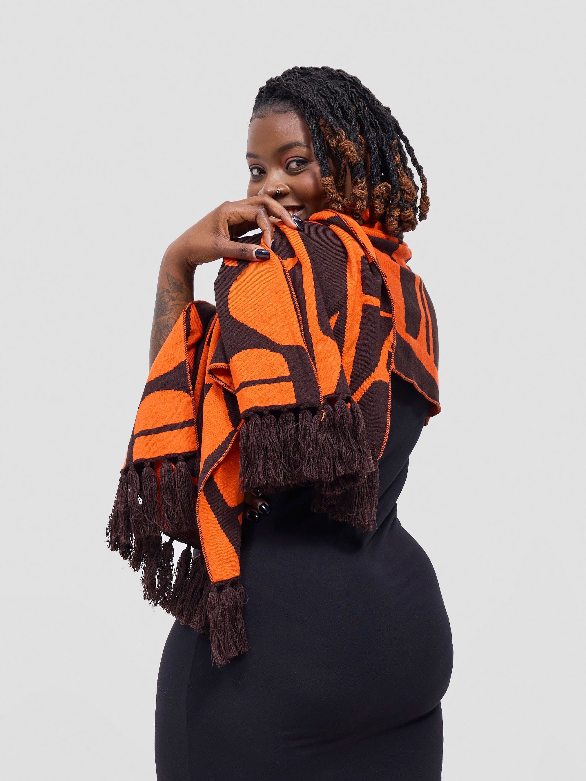 Vivo Lalani Scarf With Fringes - Chocolate / Orange Samba Print