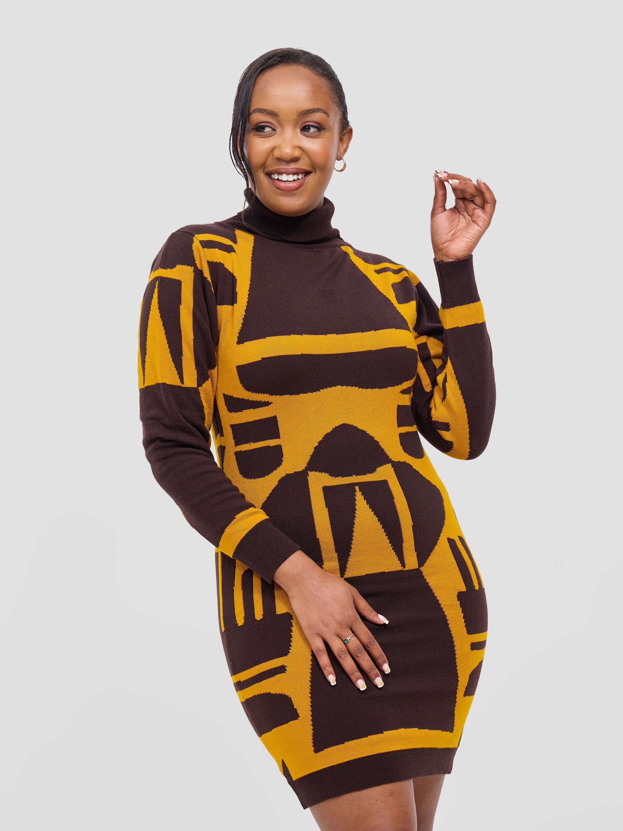 Vivo Lalani Turtle Neck Sweater Dress - Chocolate / Mustard Samba Print