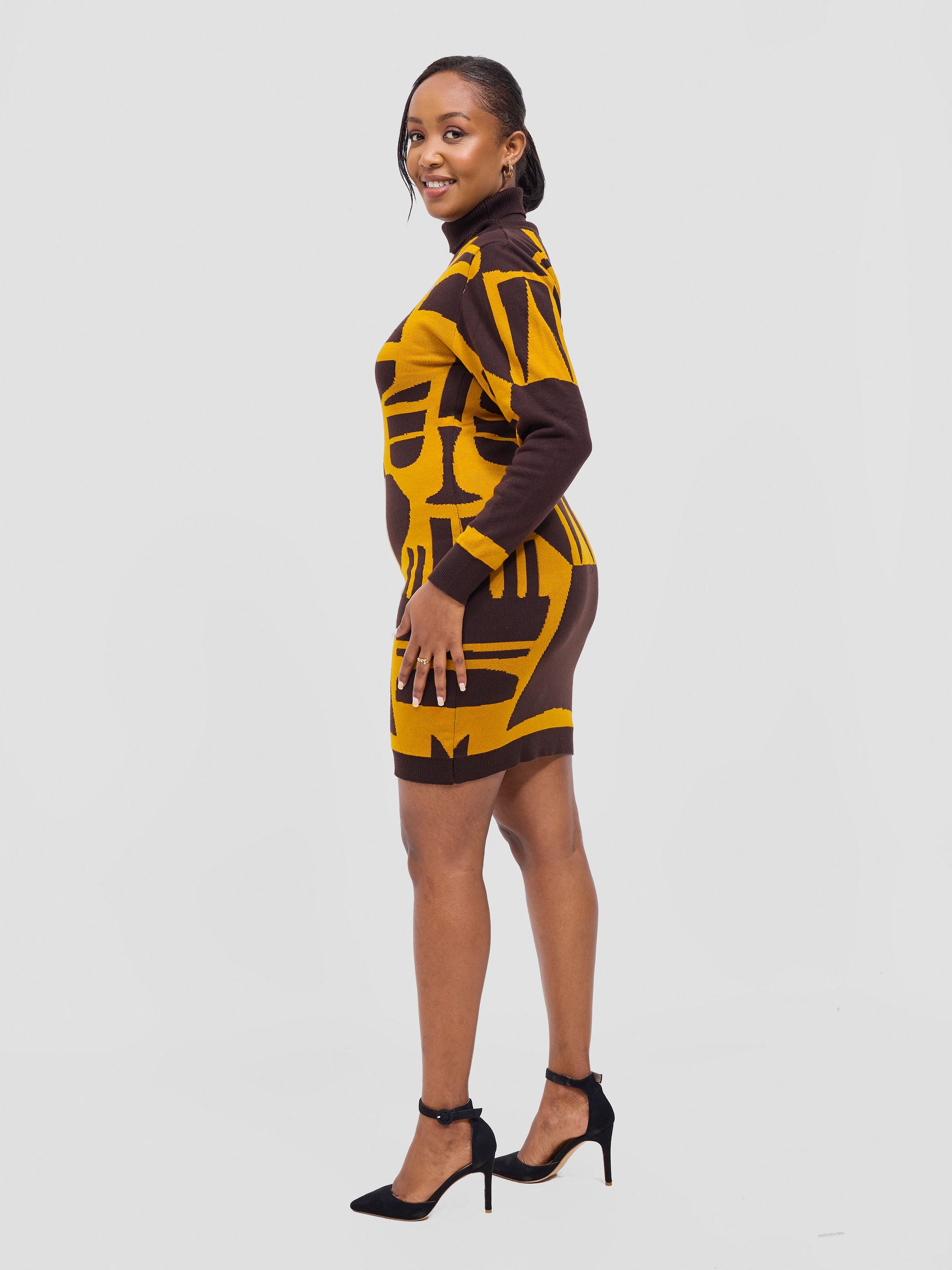 Vivo Lalani Turtle Neck Sweater Dress - Chocolate / Mustard Samba Print