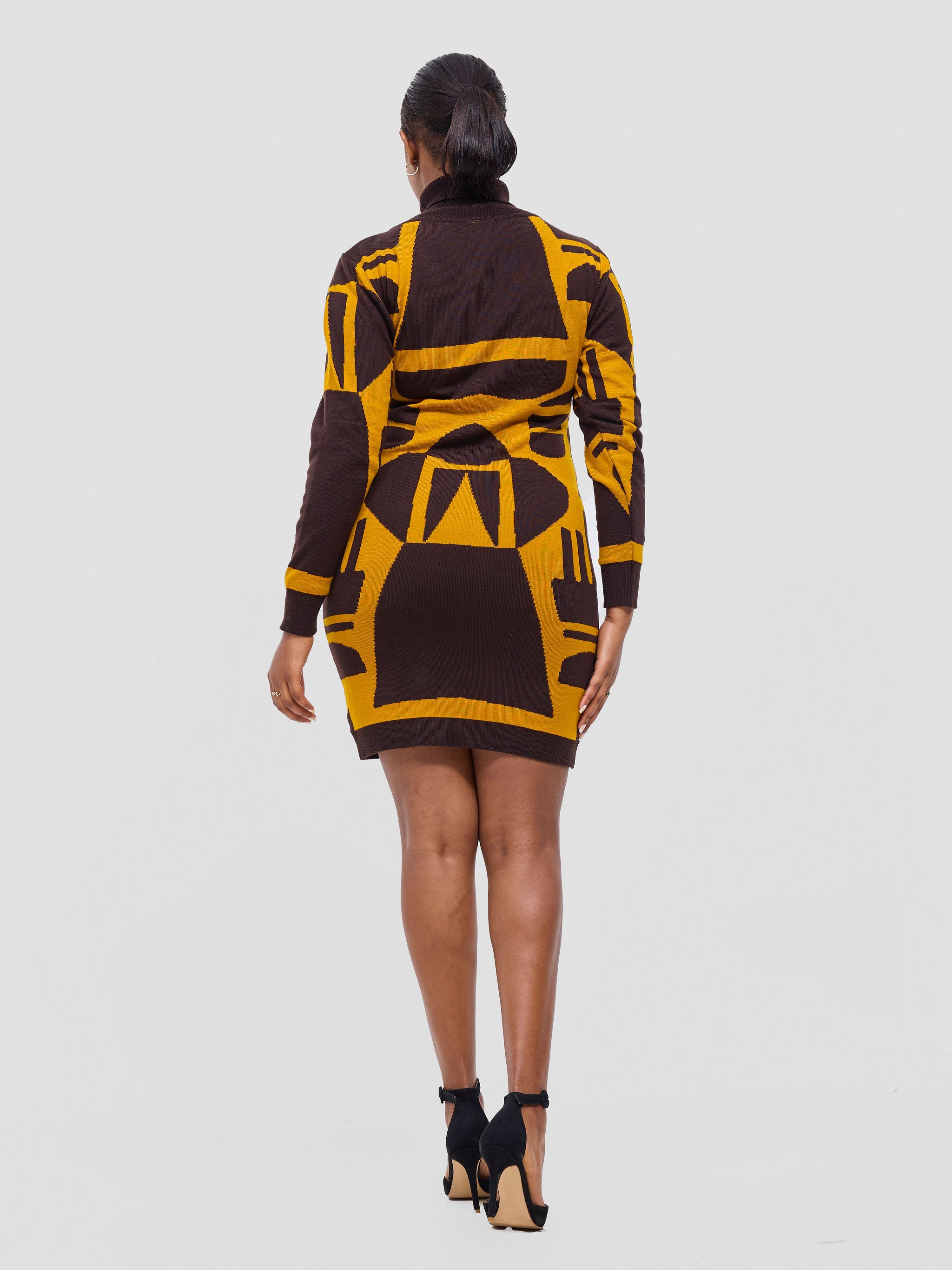 Vivo Lalani Turtle Neck Sweater Dress - Chocolate / Mustard Samba Print