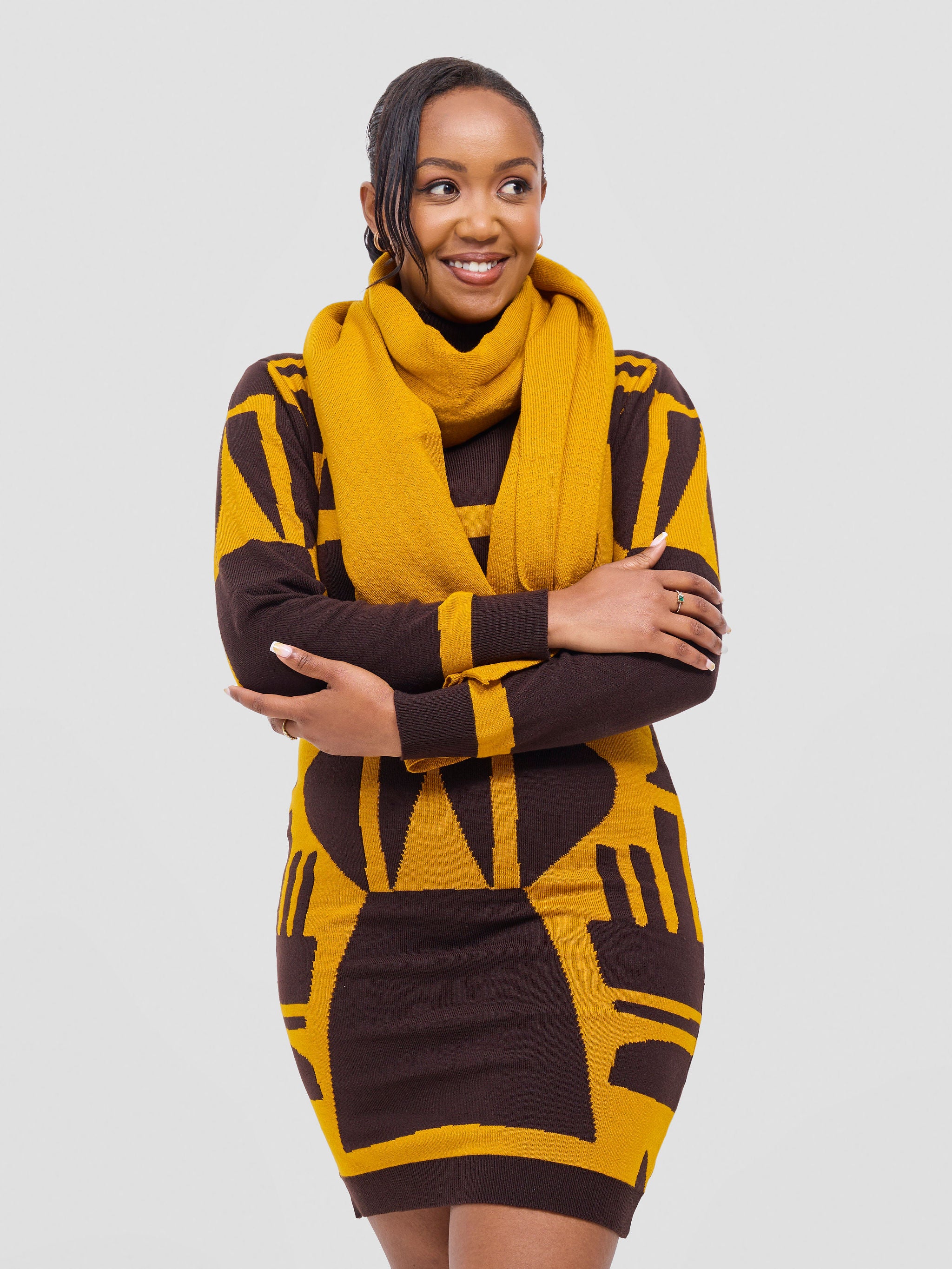 Vivo Lalani Turtle Neck Sweater Dress - Chocolate / Mustard Samba Print