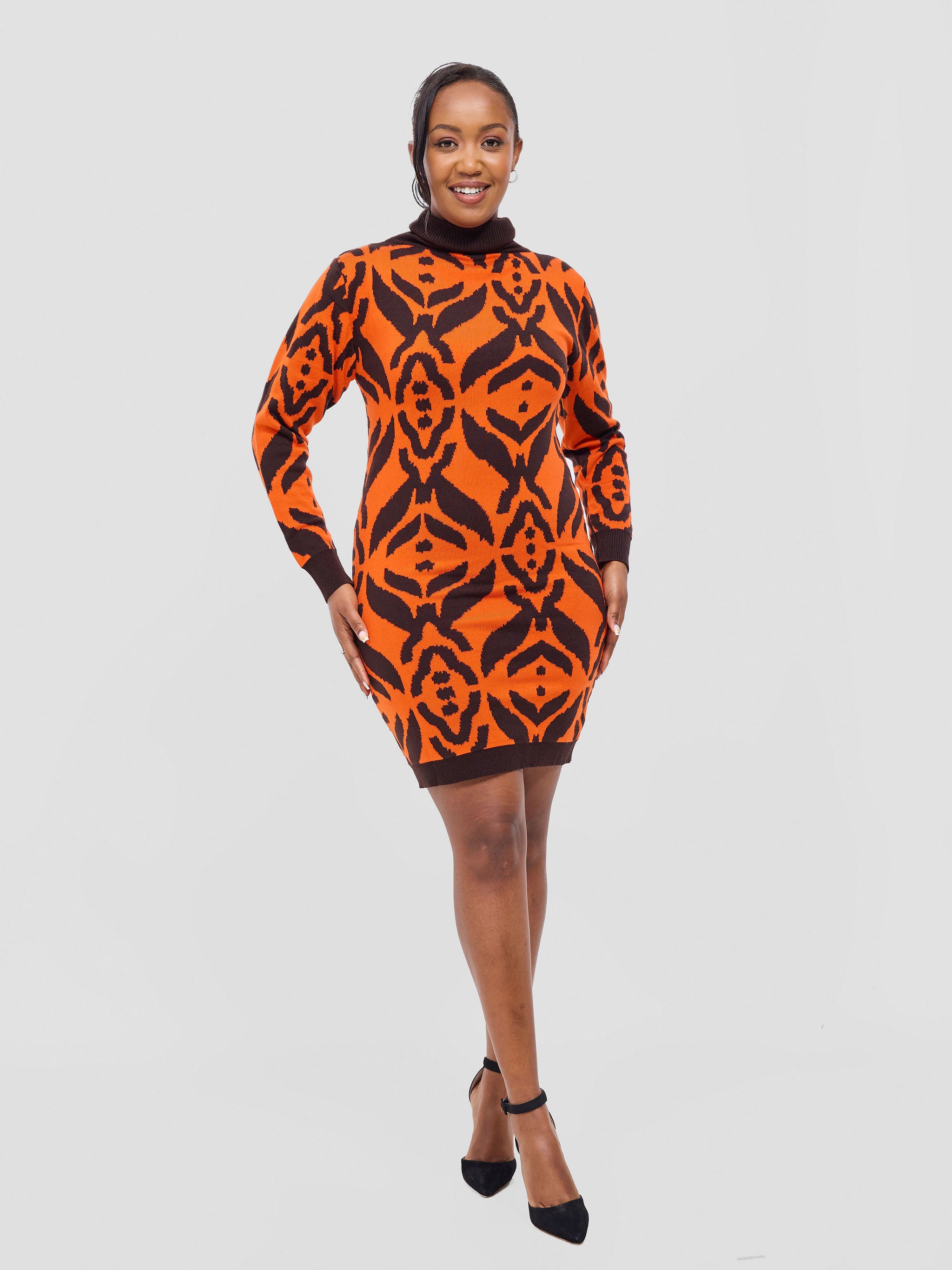 Vivo Lalani Turtle Neck Sweater Dress - Chocolate / Orange Ukwi Print