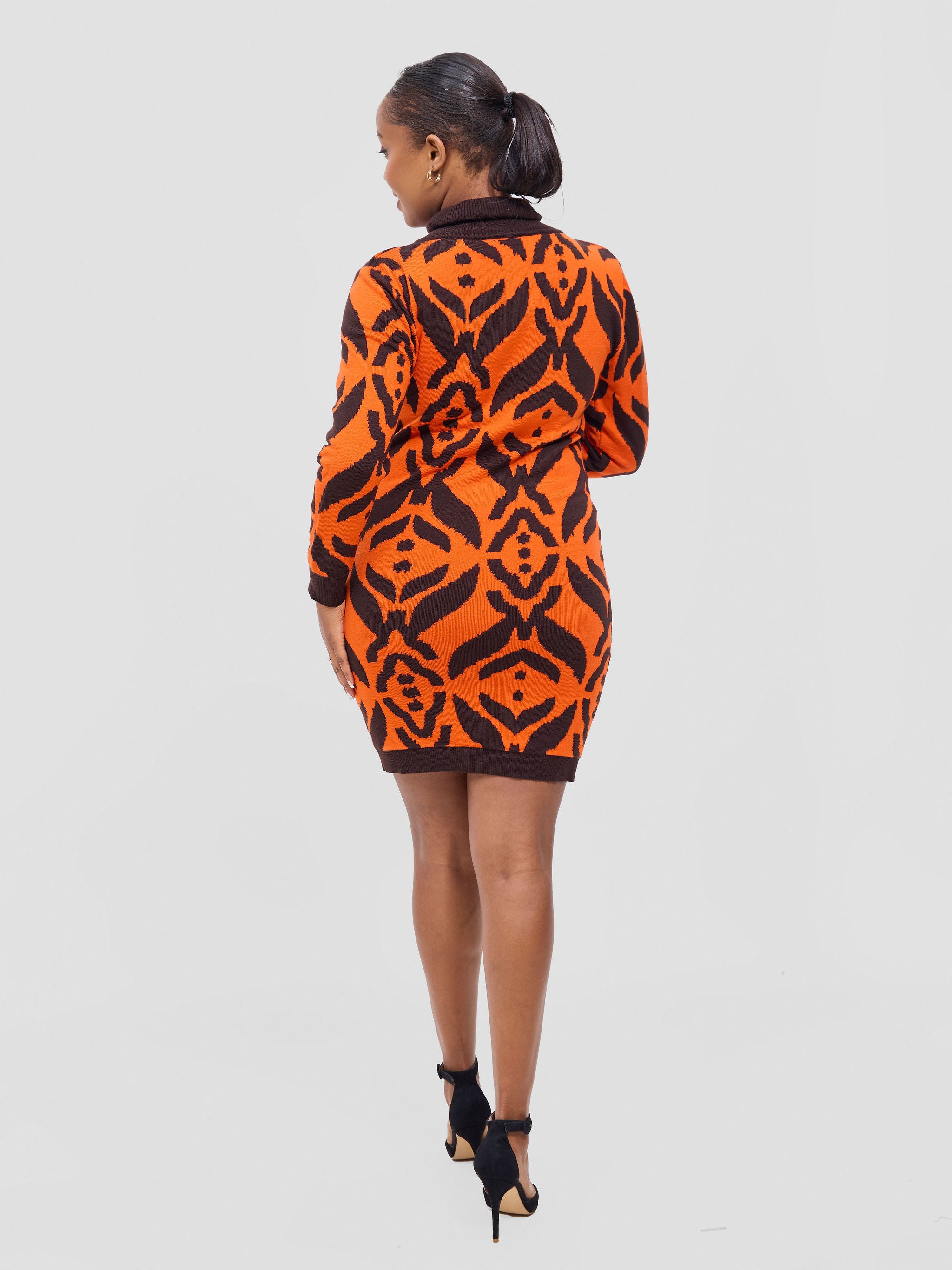 Vivo Lalani Turtle Neck Sweater Dress - Chocolate / Orange Ukwi Print