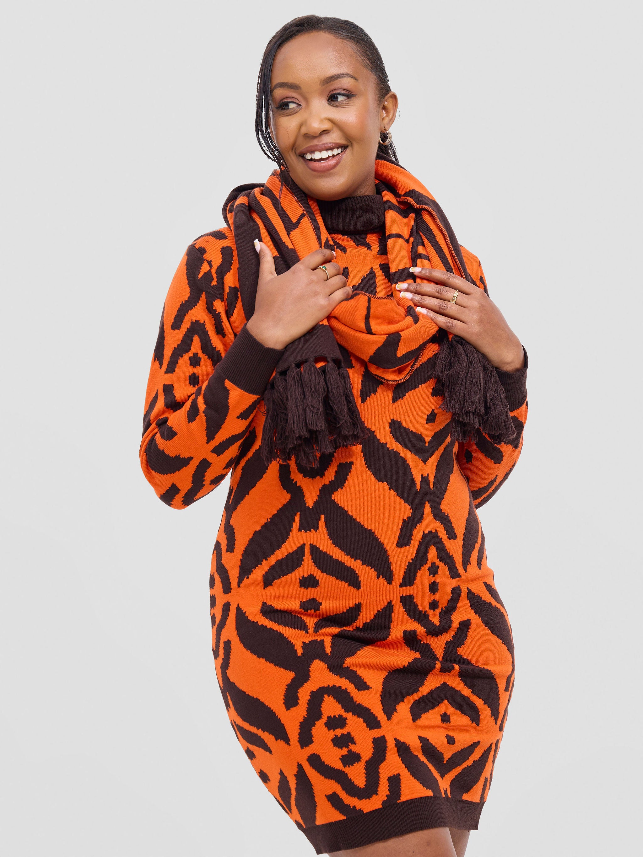 Vivo Lalani Scarf With Fringes - Chocolate / Orange Samba Print