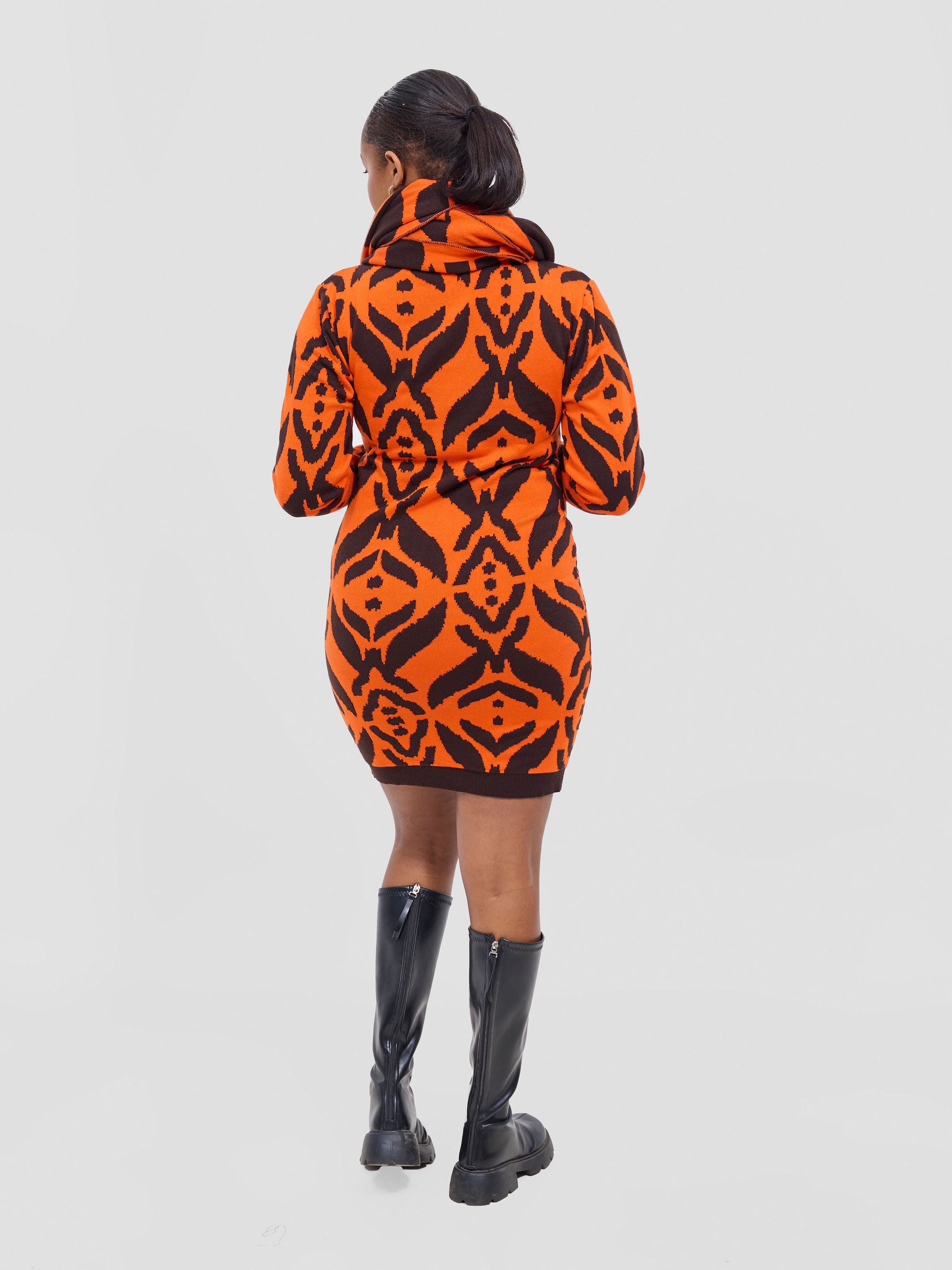 Vivo Lalani Turtle Neck Sweater Dress - Chocolate / Orange Ukwi Print