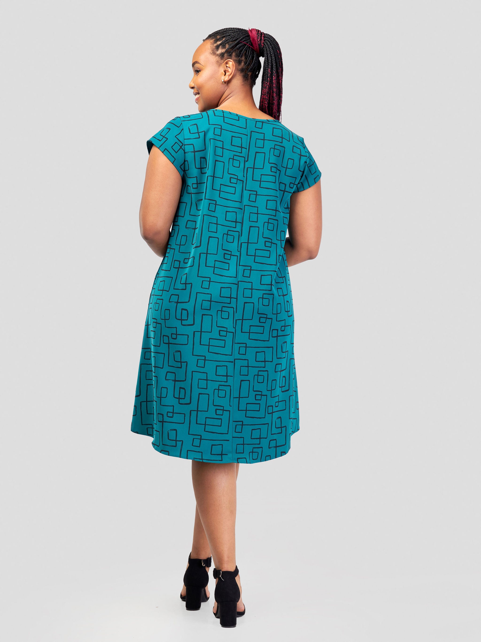 Vivo Fahari Cap Sleeve Tent Dress - Teal / Black Abstract Print