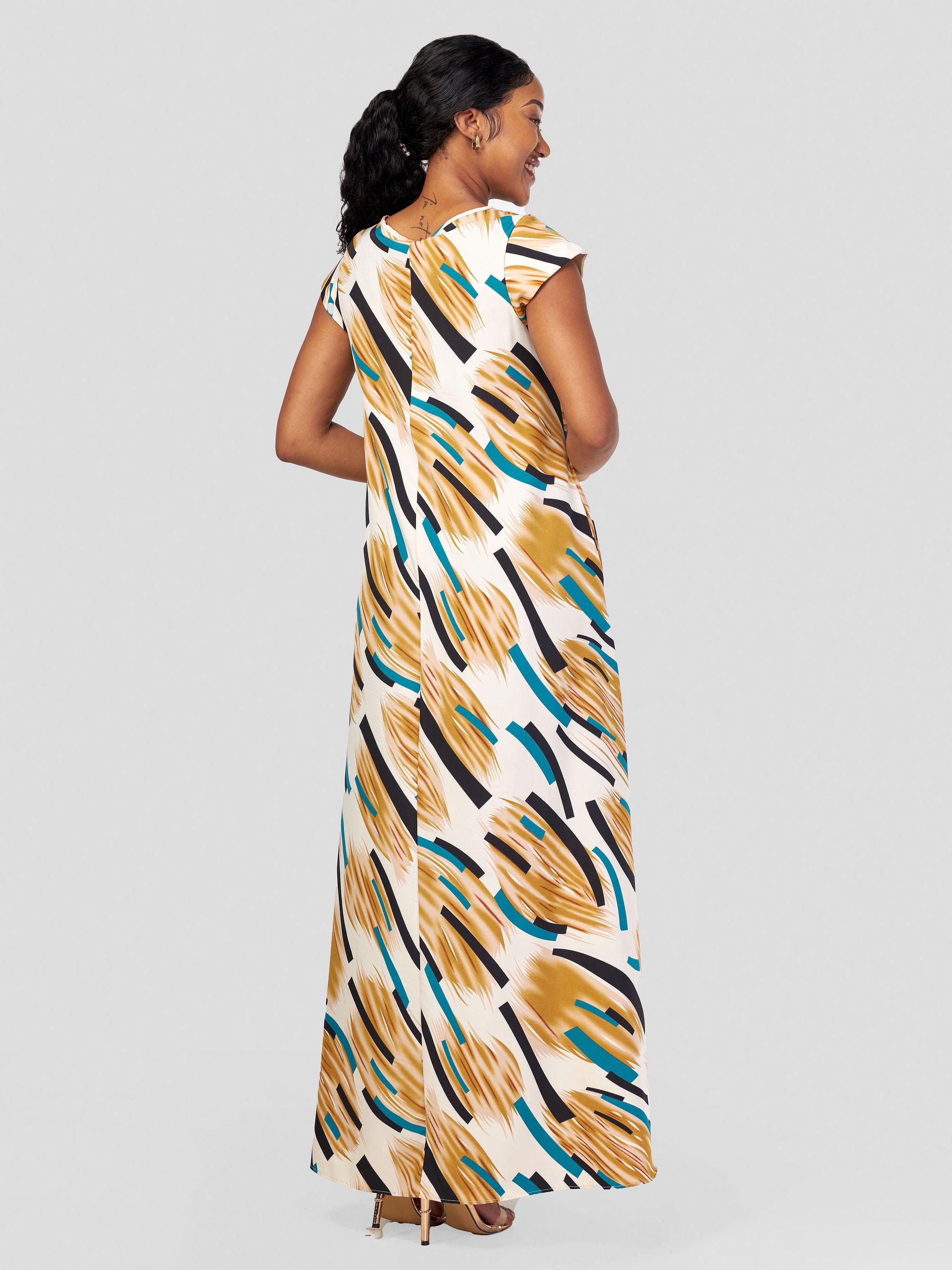 Vivo Basic Cap Sleeved Tent Maxi Dress - Teal / Black Abstract Print