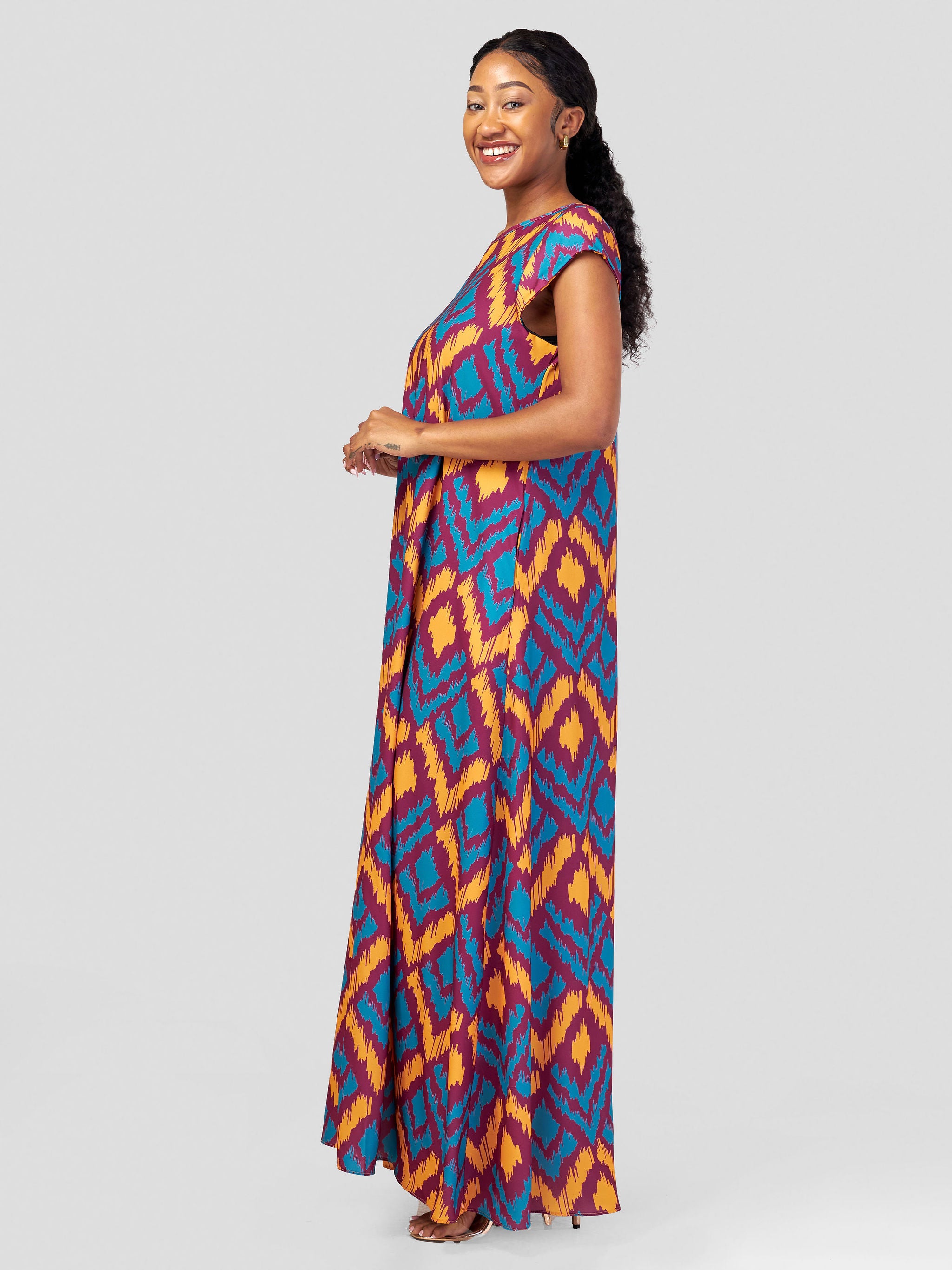 Vivo Basic Cap Sleeved Tent Maxi Dress - Burgundy / Mustard Ikat Abstract Print