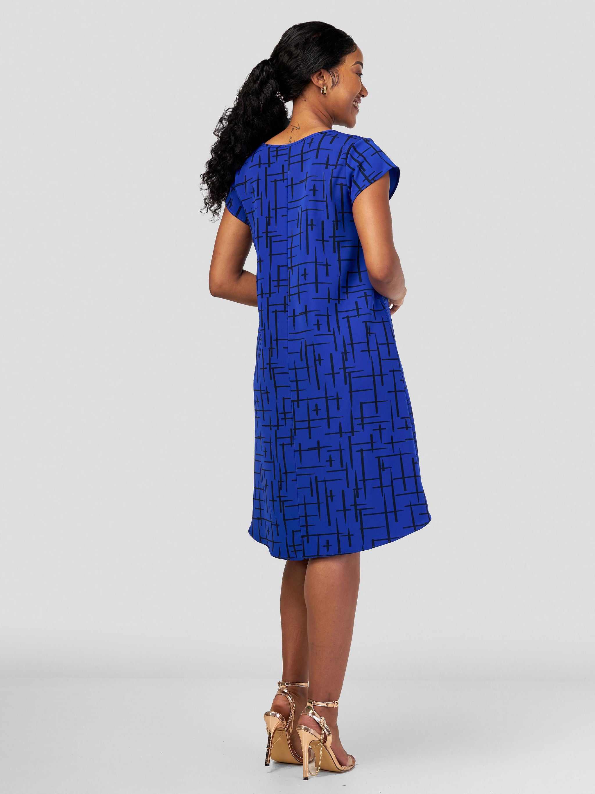 Vivo Fahari Cap Sleeve Tent Dress - Royal Blue / Black Abstract Print