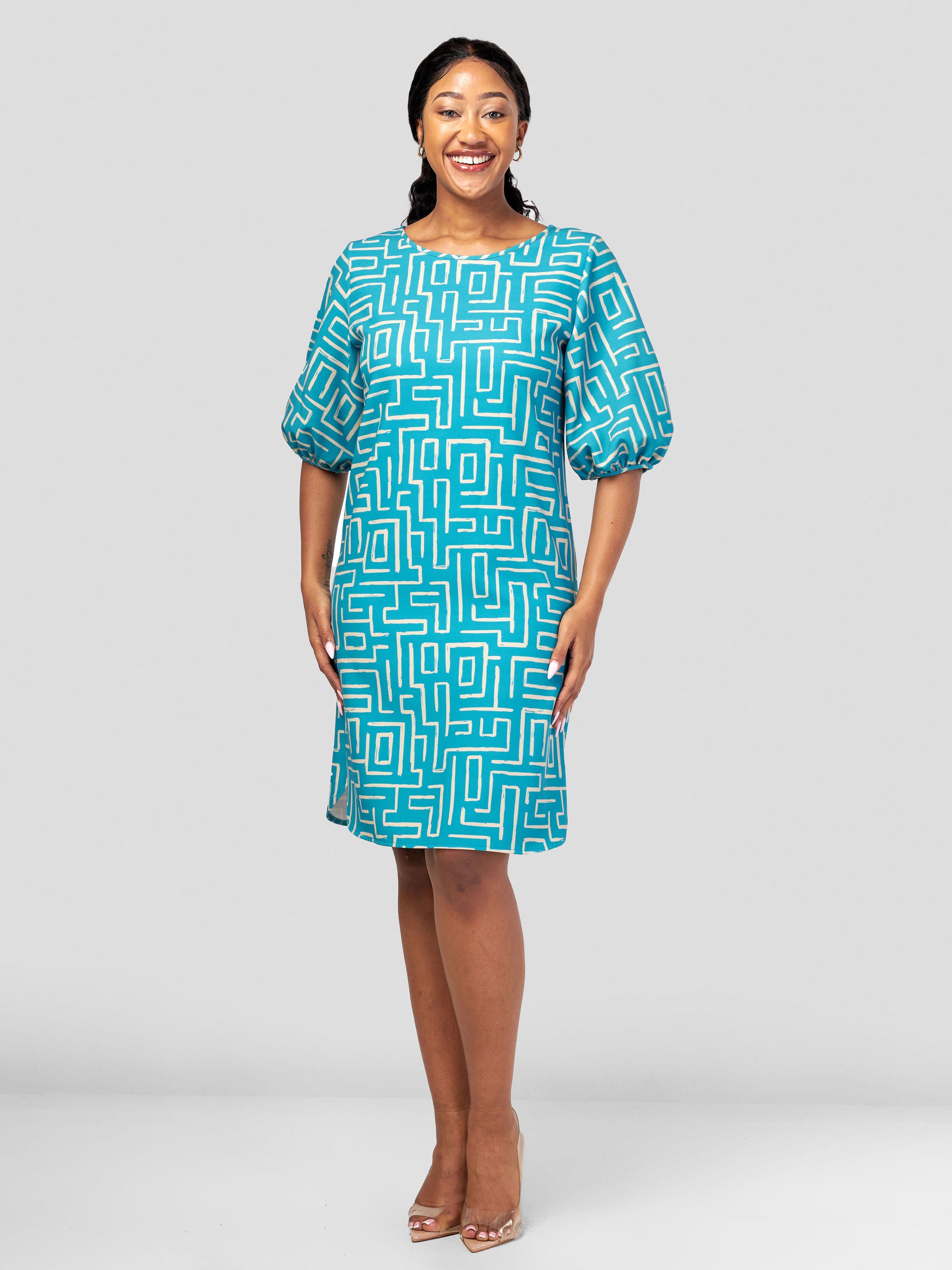 Vivo Sia 3/4 Bishop Sleeve Shift Dress (Petite) - Teal / Taupe Geometric Print