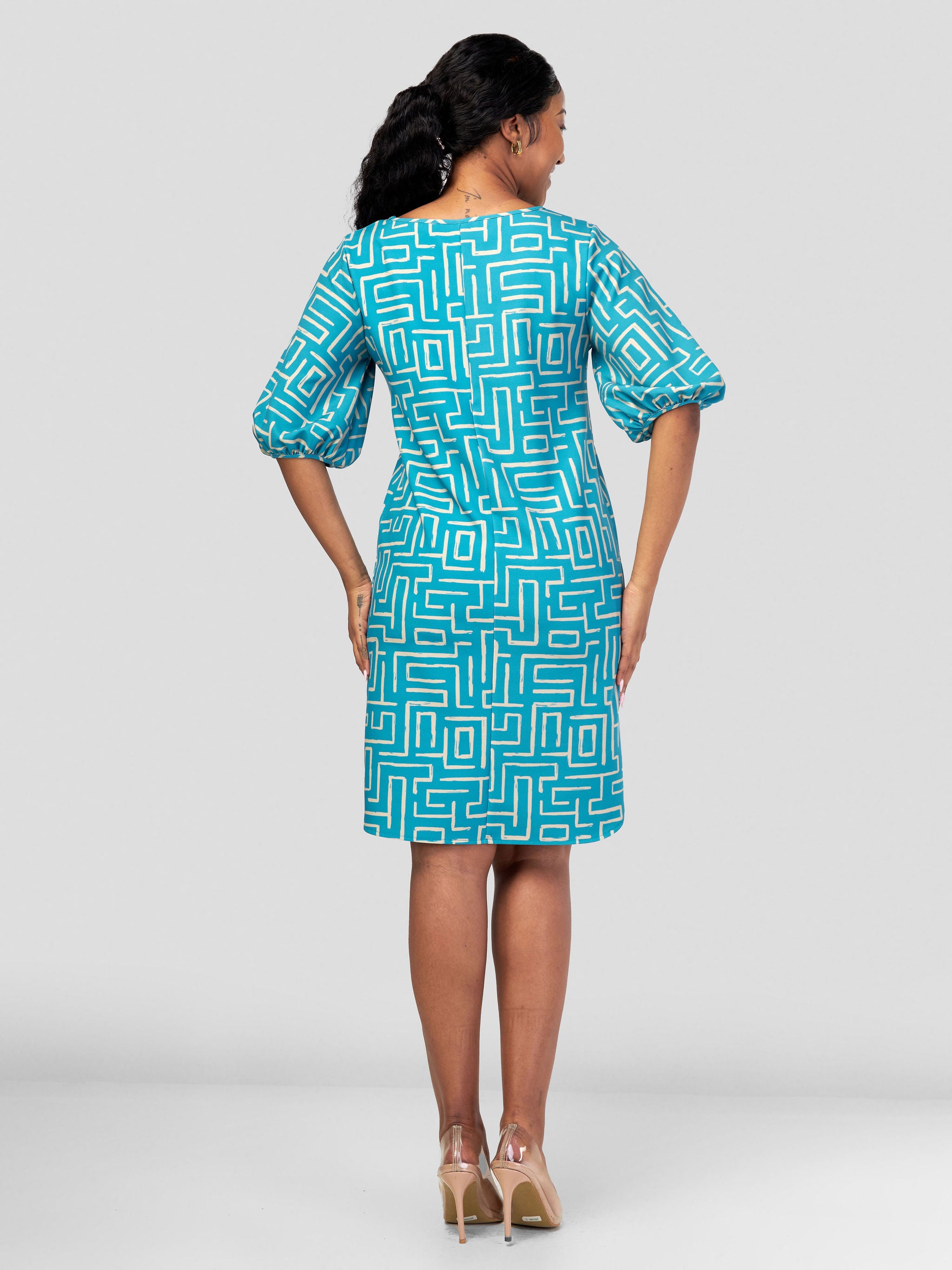 Vivo Sia 3/4 Bishop Sleeve Shift Dress (Petite) - Teal / Taupe Geometric Print