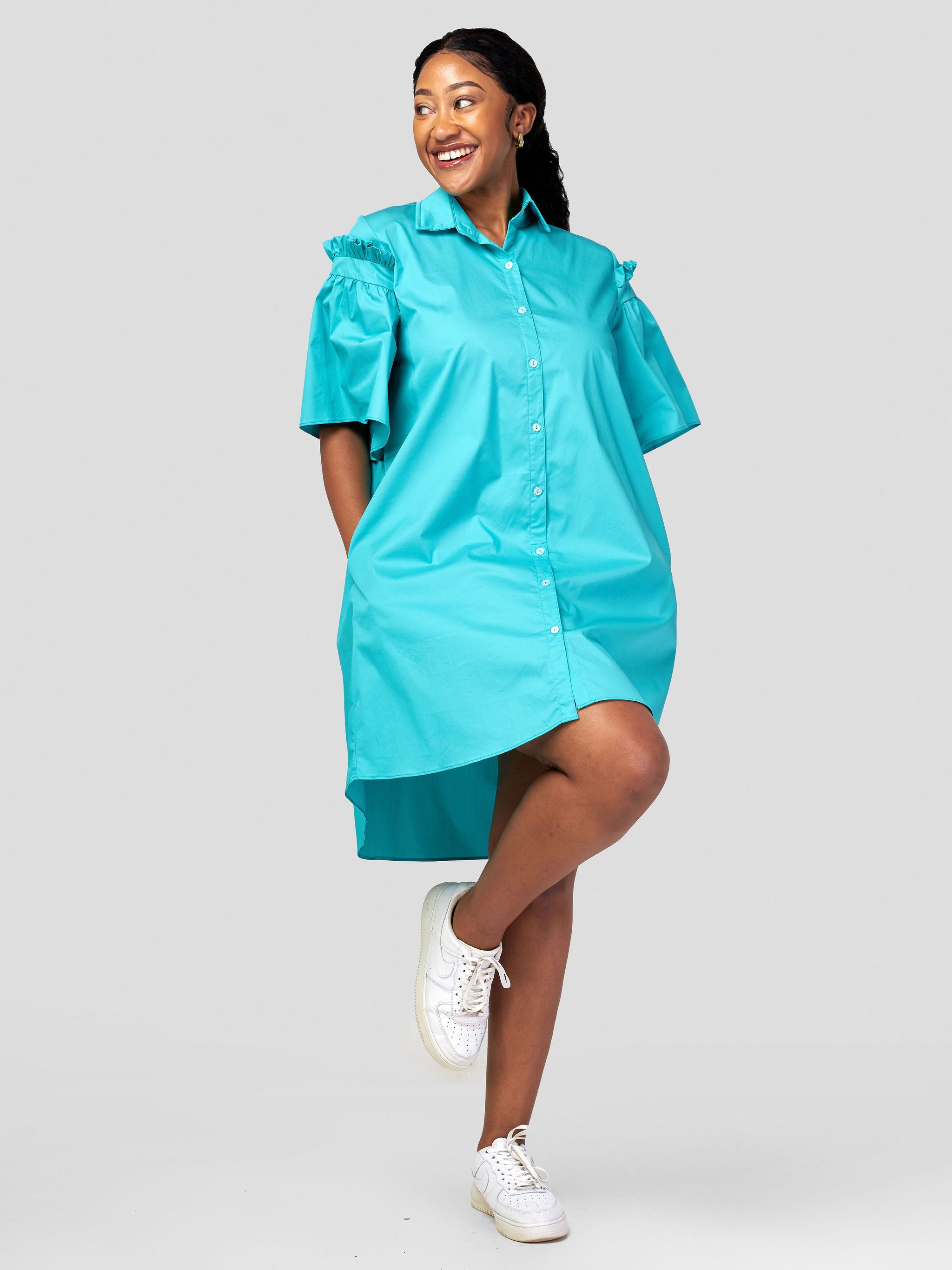Safari Mali Gathered Flounce Sleeve Shirt Dress - Light Teal