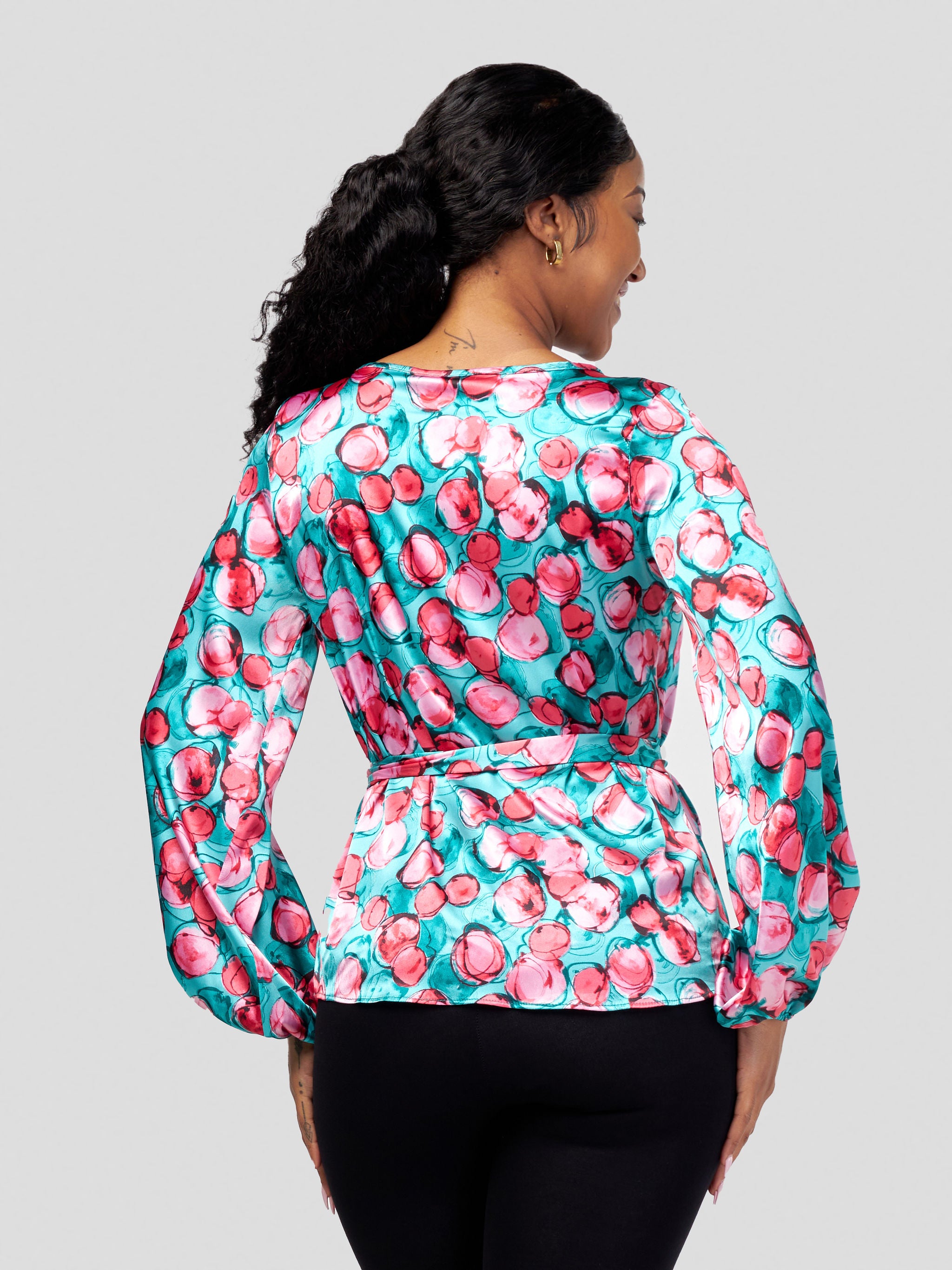 Vivo Basic Satin Bishop Sleeved Top - Green / Pink Abstract Print