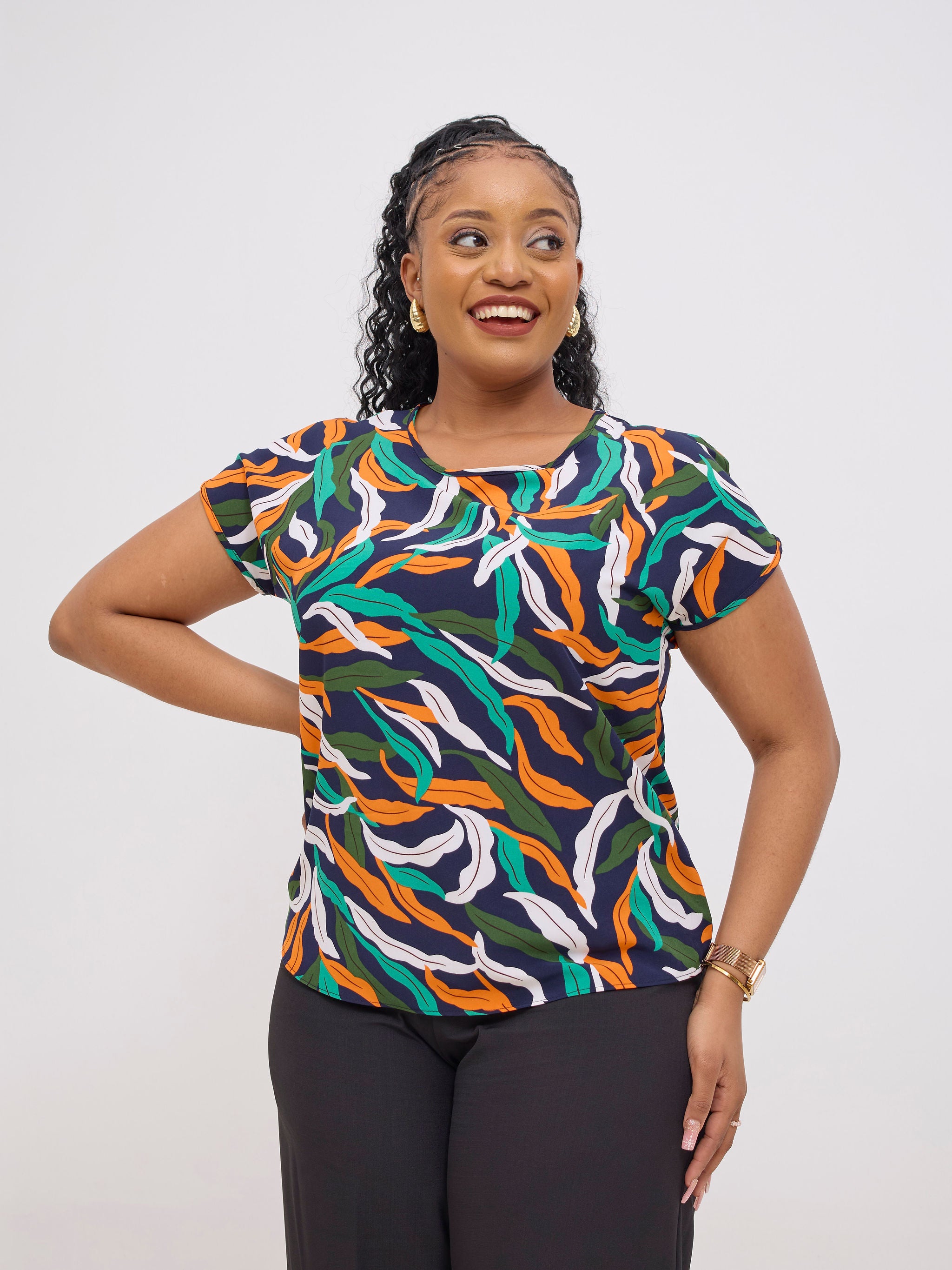 Vivo Basic Crepe Drop Shoulder Top - Navy / Orange Tiwi Print