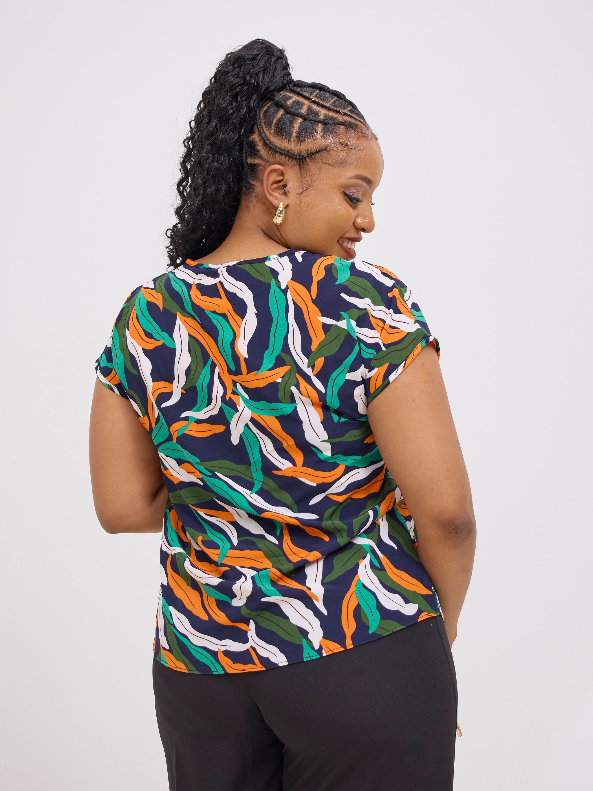 Vivo Basic Crepe Drop Shoulder Top - Navy / Orange Tiwi Print