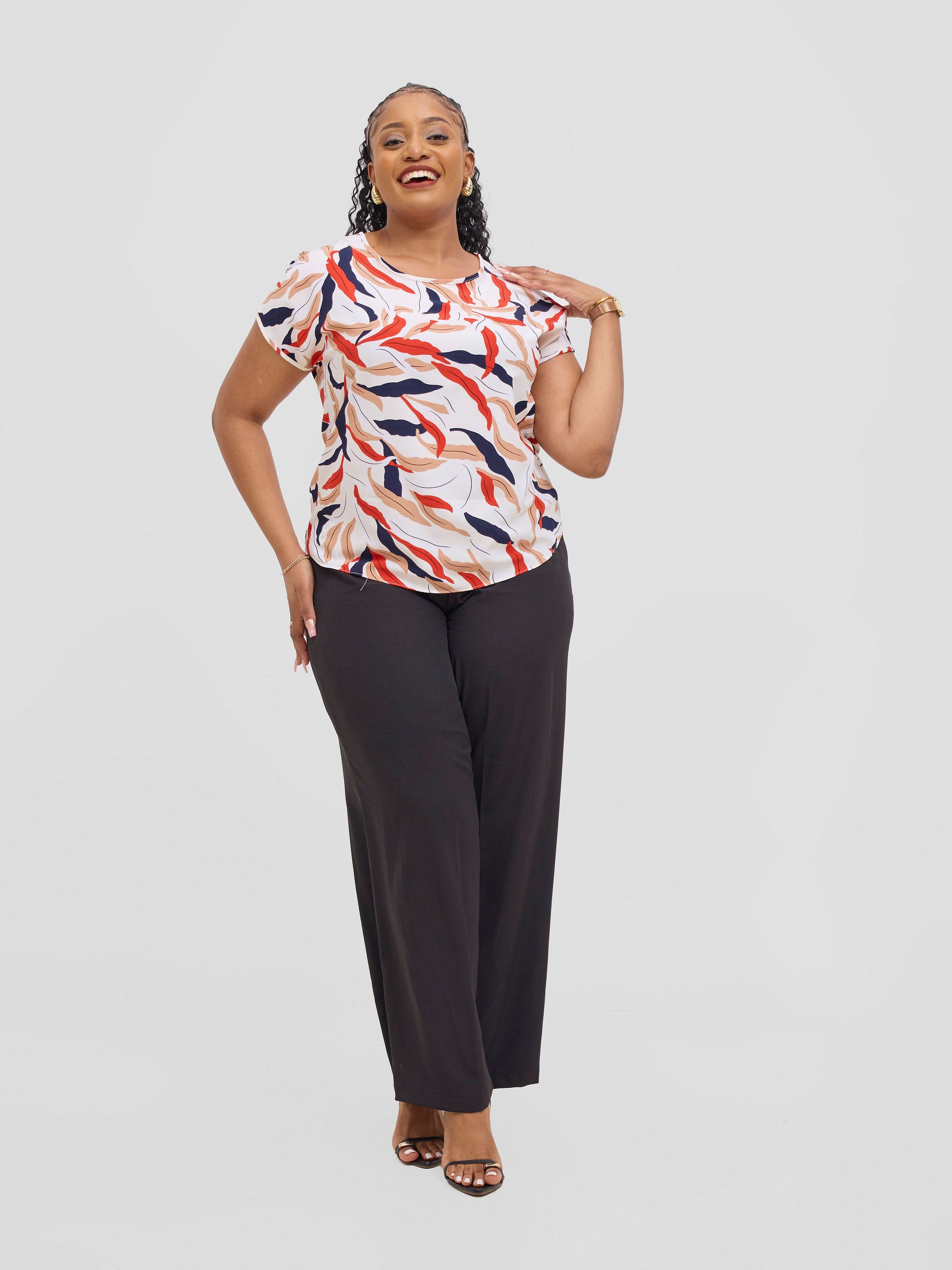 Vivo Basic Crepe Drop Shoulder Top - Cream / Red Tiwi Print