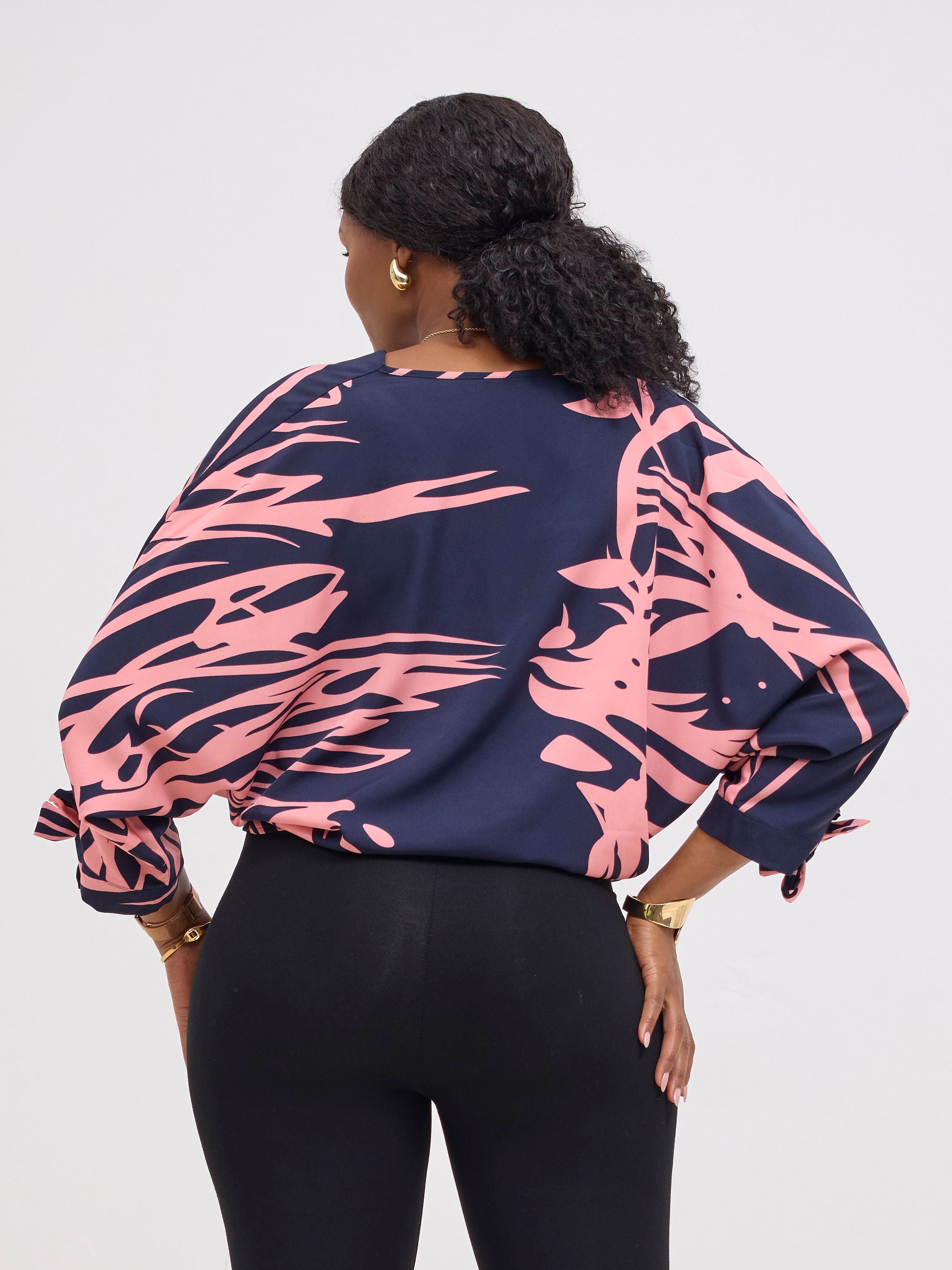 Vivo Sanali Batwing Tie Top - Pink / Navy Print