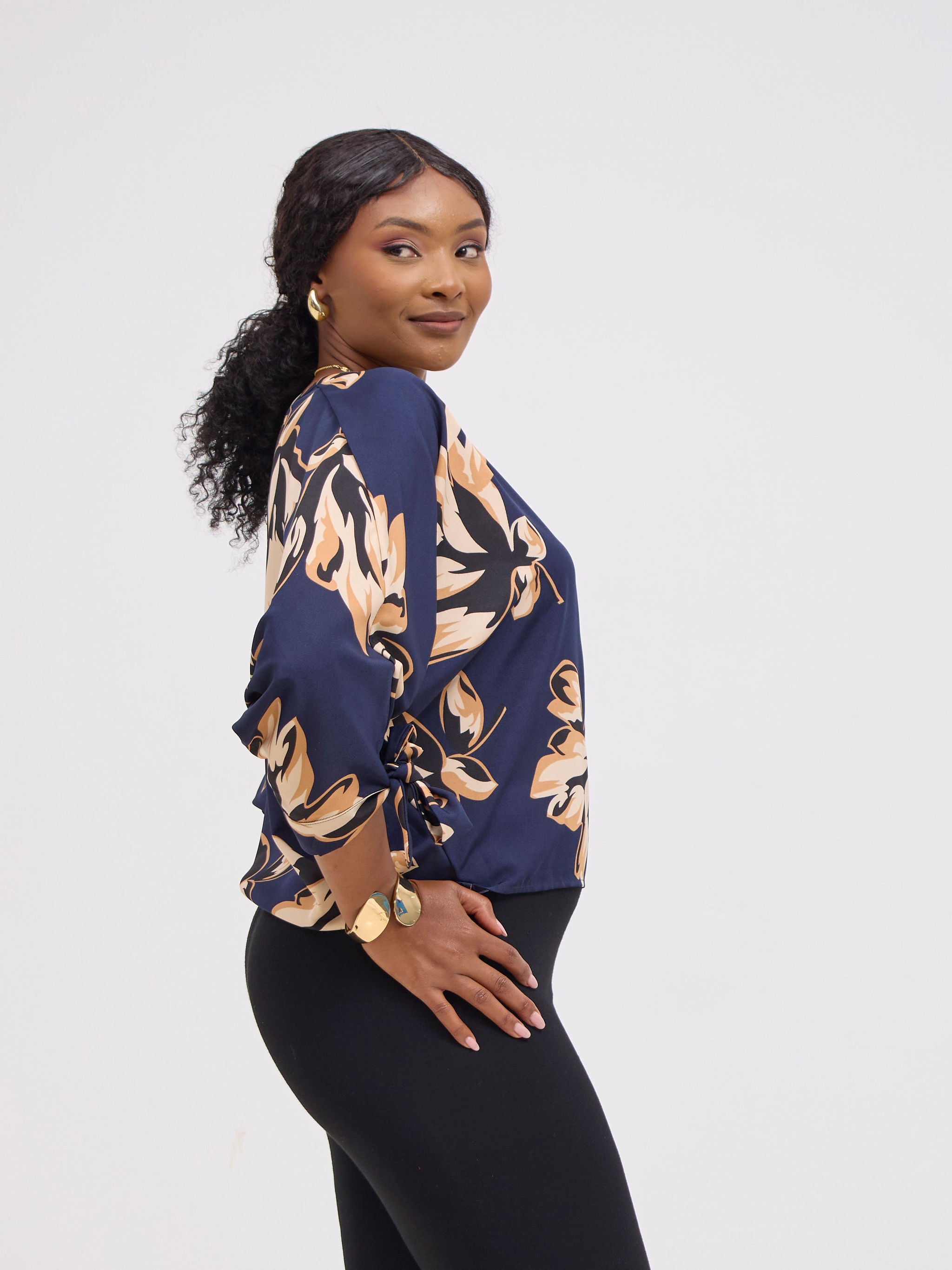 Vivo Sanali Batwing Tie Top - Navy / Brown Print