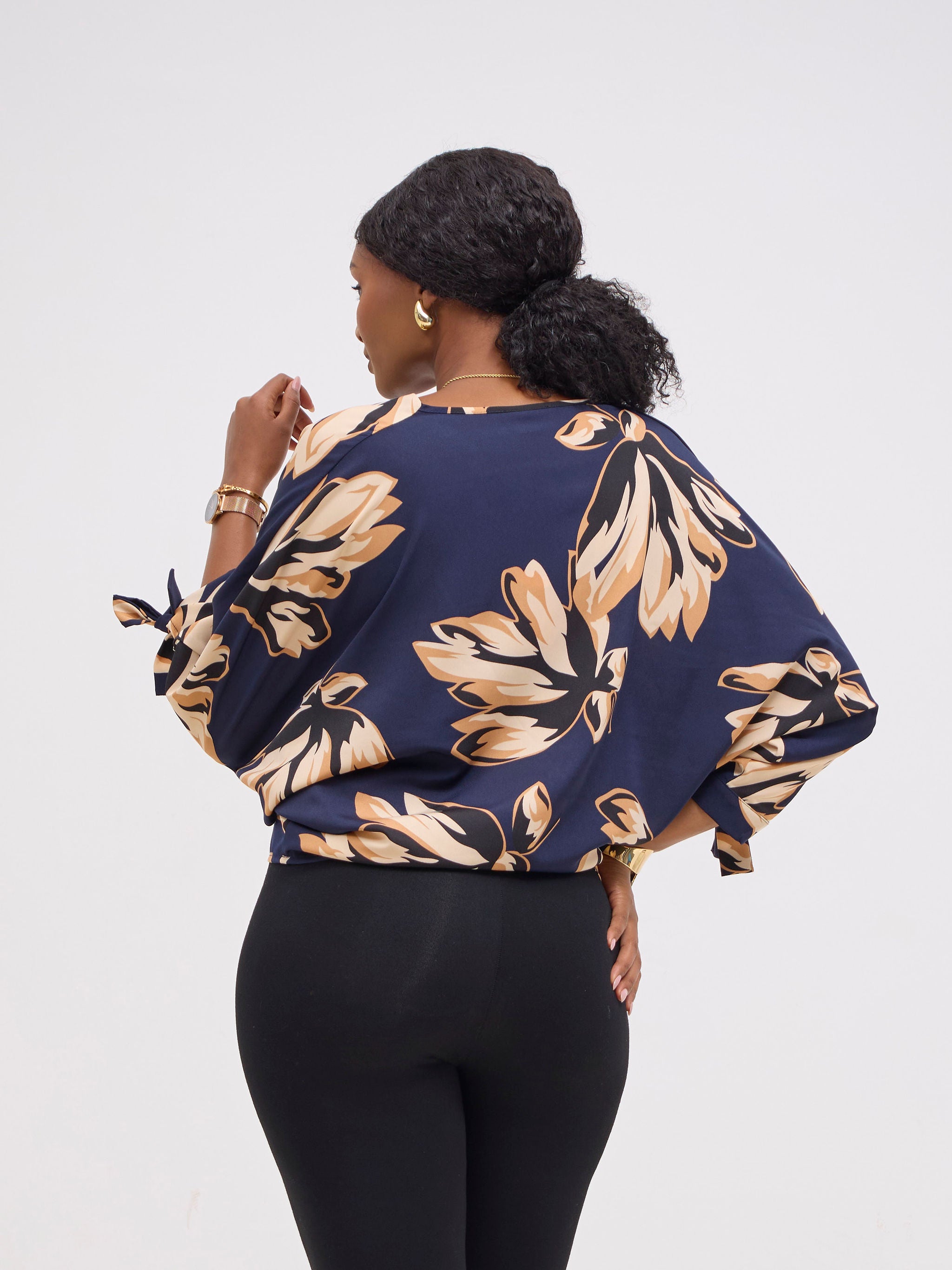 Vivo Sanali Batwing Tie Top - Navy / Brown Print