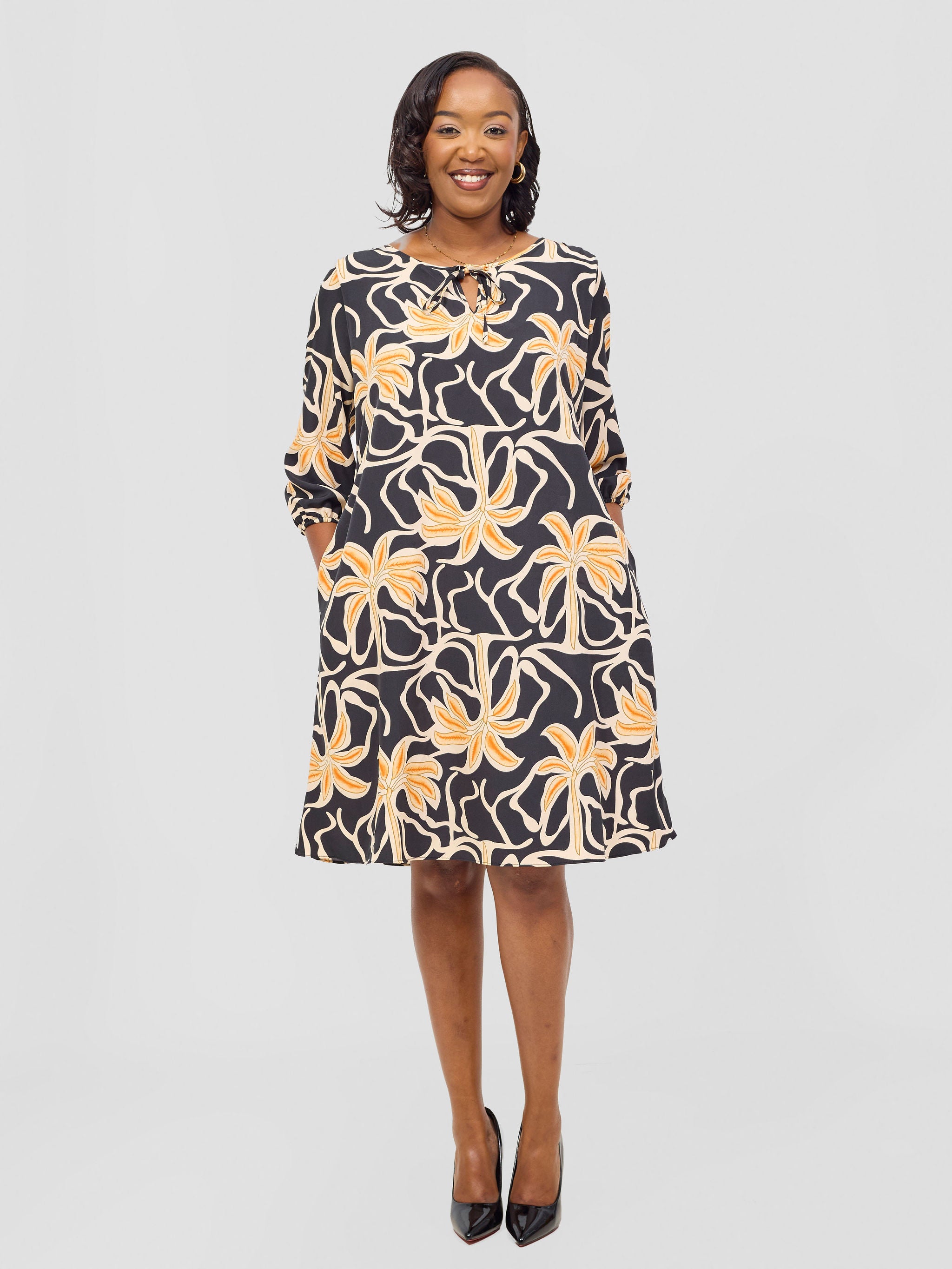 Vivo Nala 3/4 Sleeve Tent Dress Black Rust Ala Print Vivo