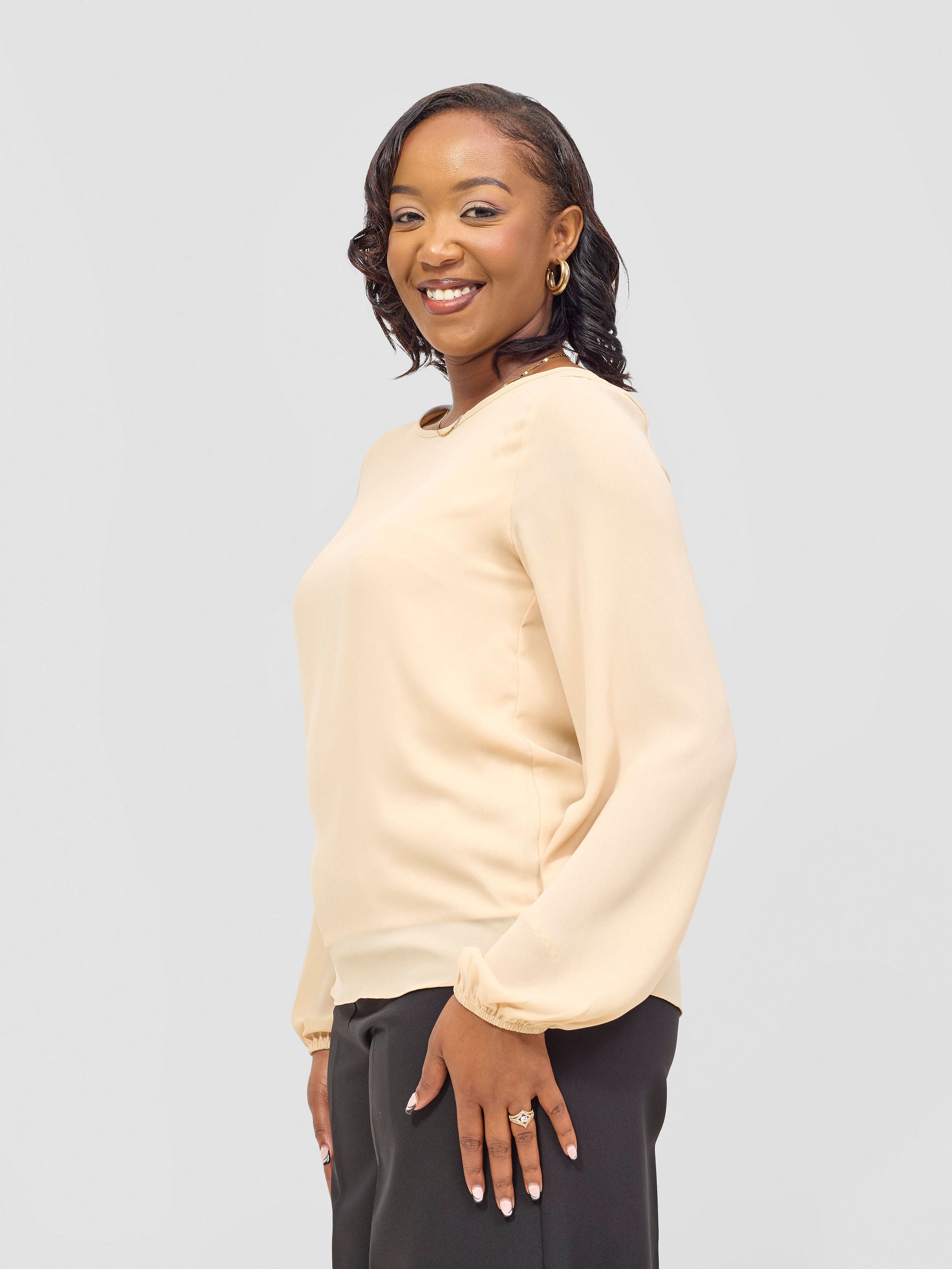 Vivo Chari Basic Chiffon Bishop Sleeve Top (Double Layered) - Light Beige