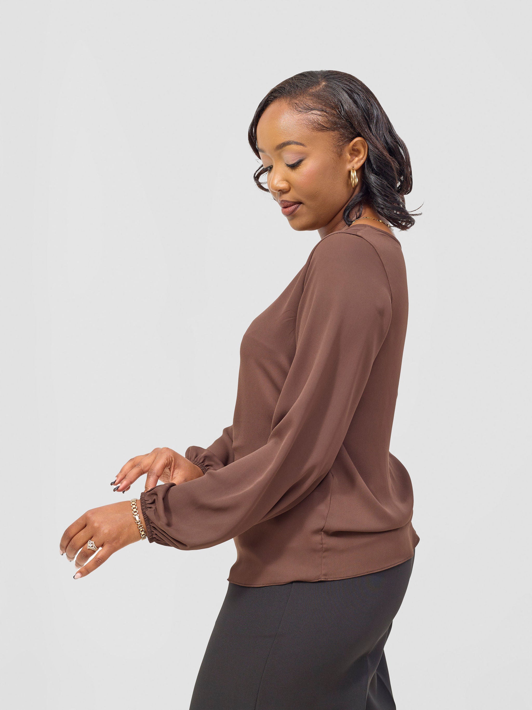 Vivo Chari Basic Chiffon Bishop Sleeve Top (Double Layered) - Chocolate