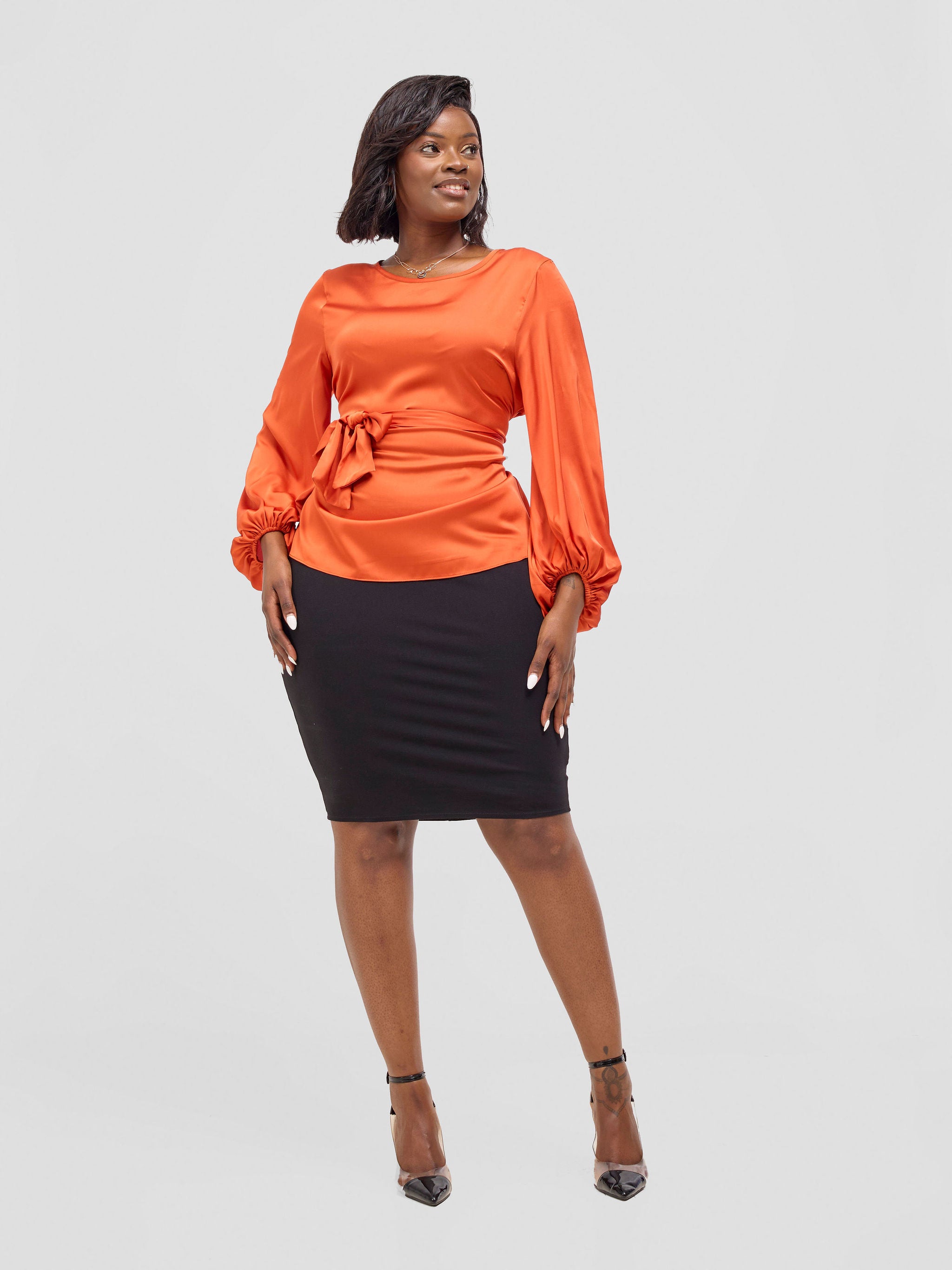 Vivo Basic Izzy Satin Bishop Sleeve Top - Rust