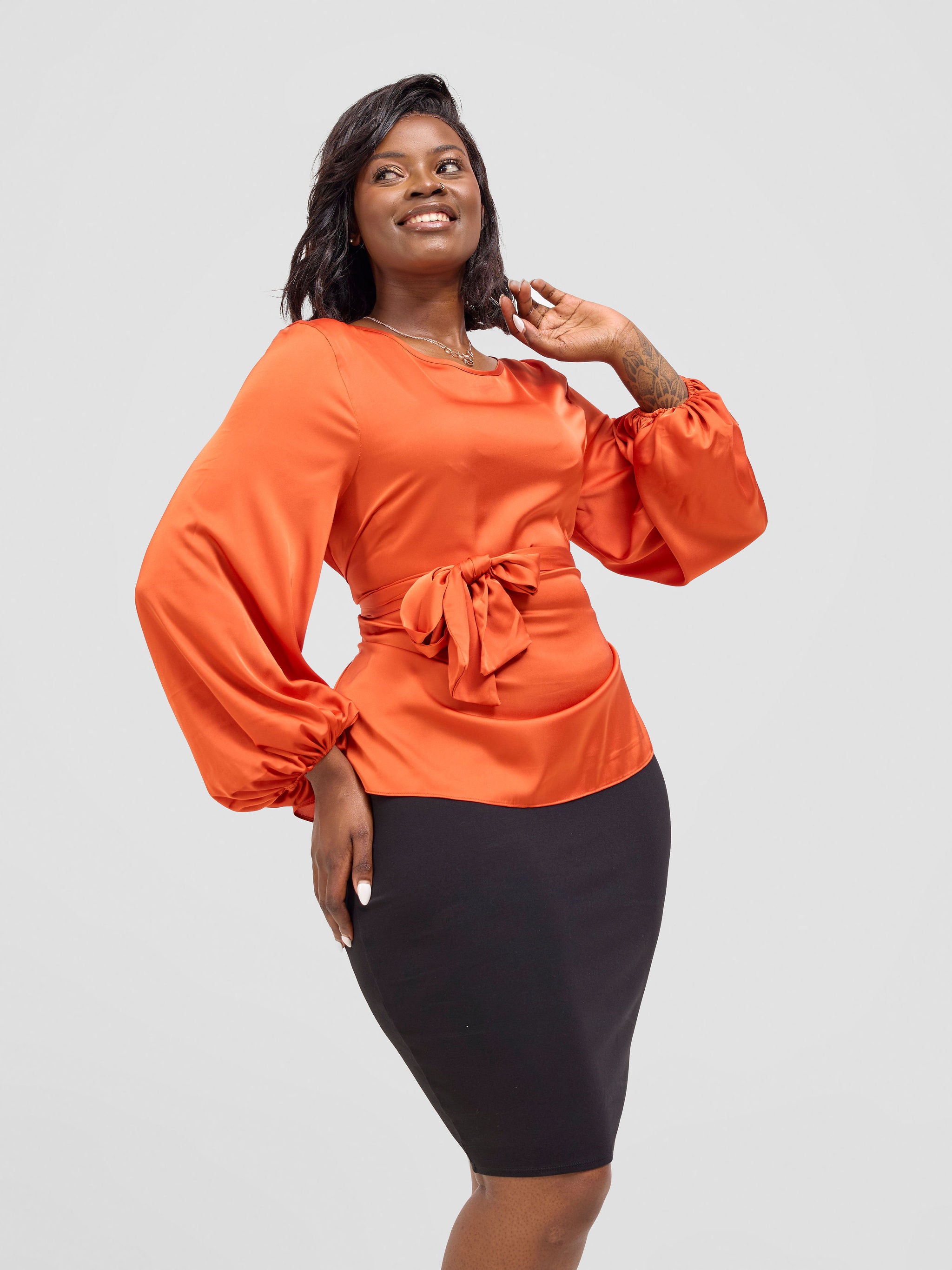 Vivo Basic Izzy Satin Bishop Sleeve Top - Rust