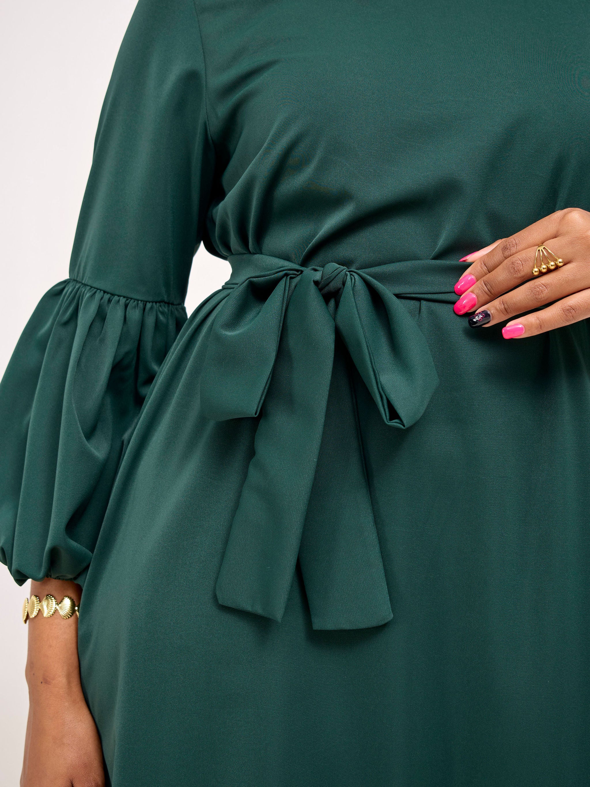 Vivo Zena Bishop Panel Long Sleeve Round Neck Dress - Dark Green