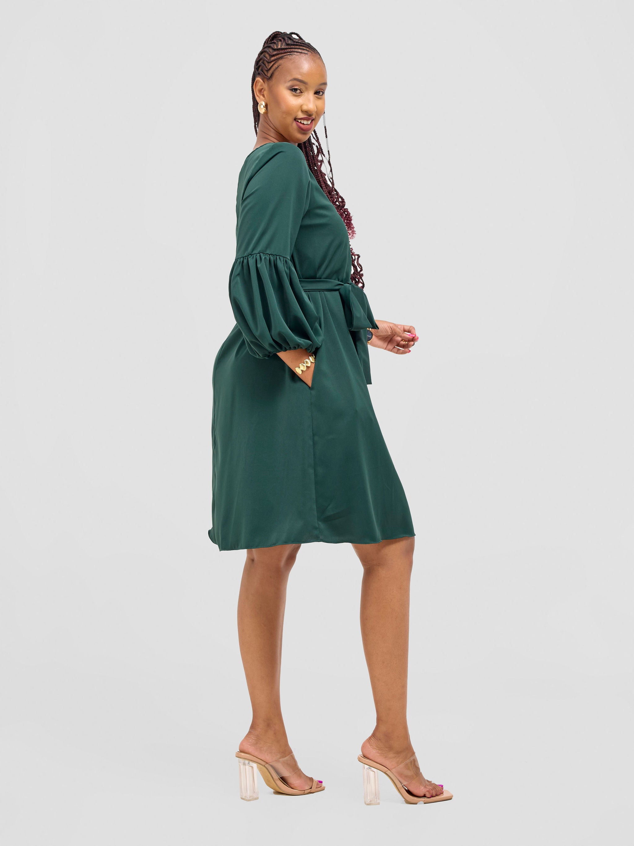 Vivo Zena Bishop Panel Long Sleeve Round Neck Dress - Dark Green