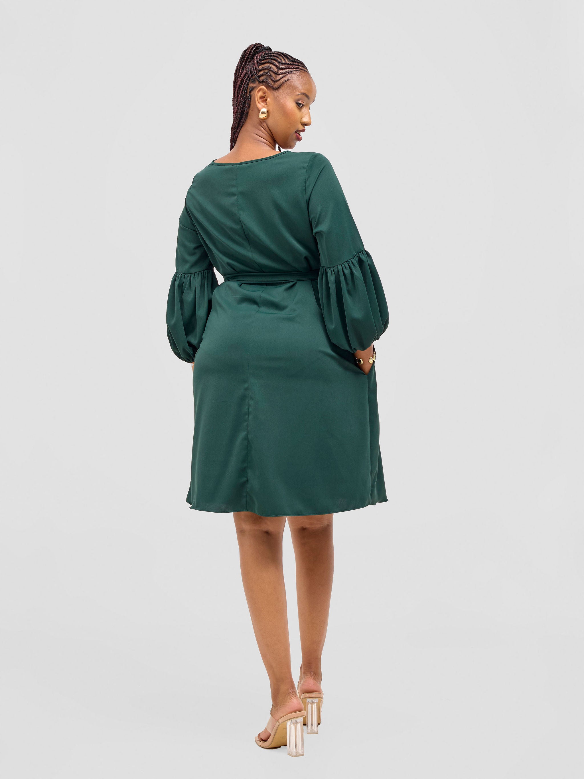 Vivo Zena Bishop Panel Long Sleeve Round Neck Dress - Dark Green