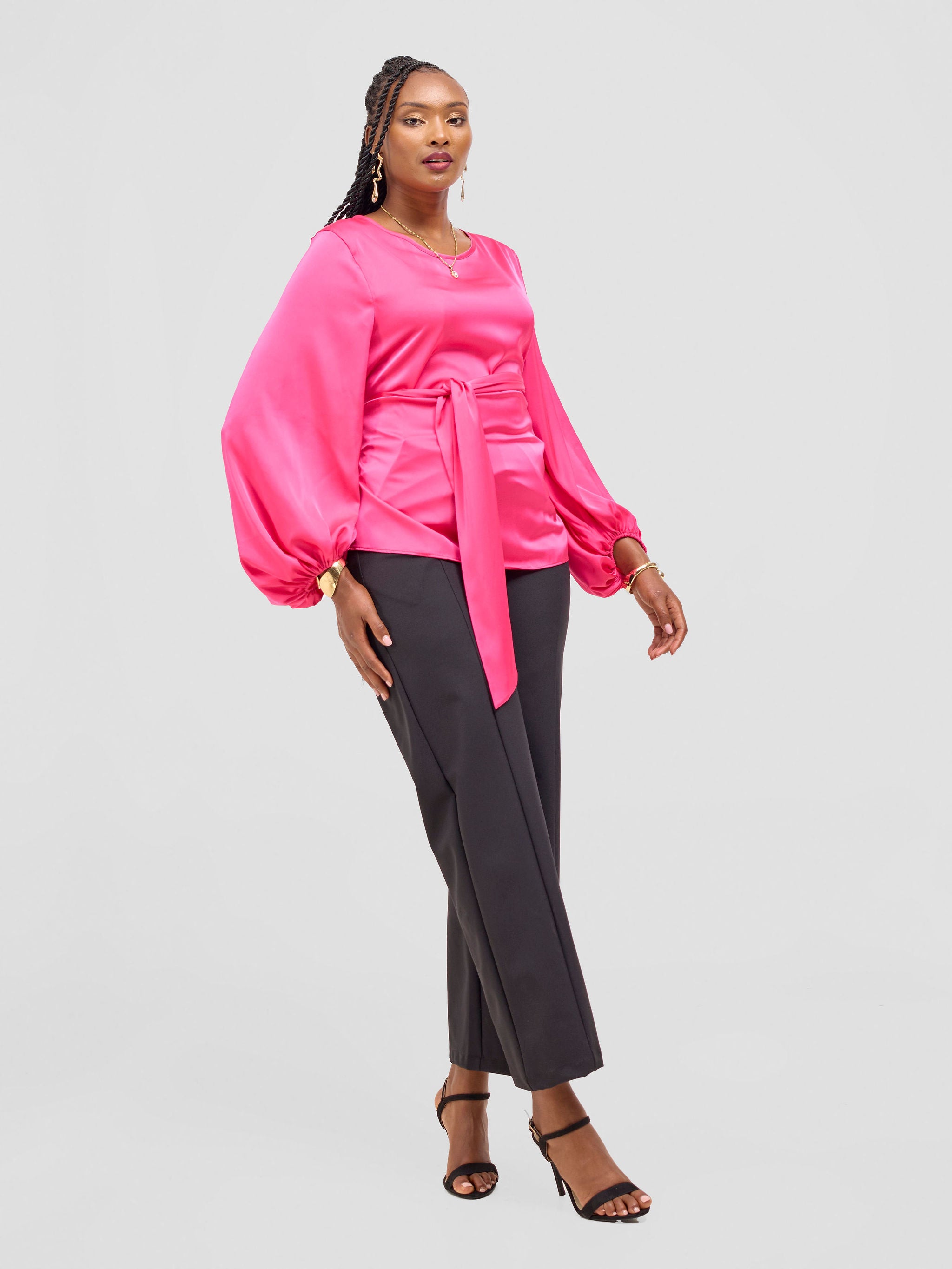 Vivo Basic Izzy Satin Bishop Sleeve Top - Pink