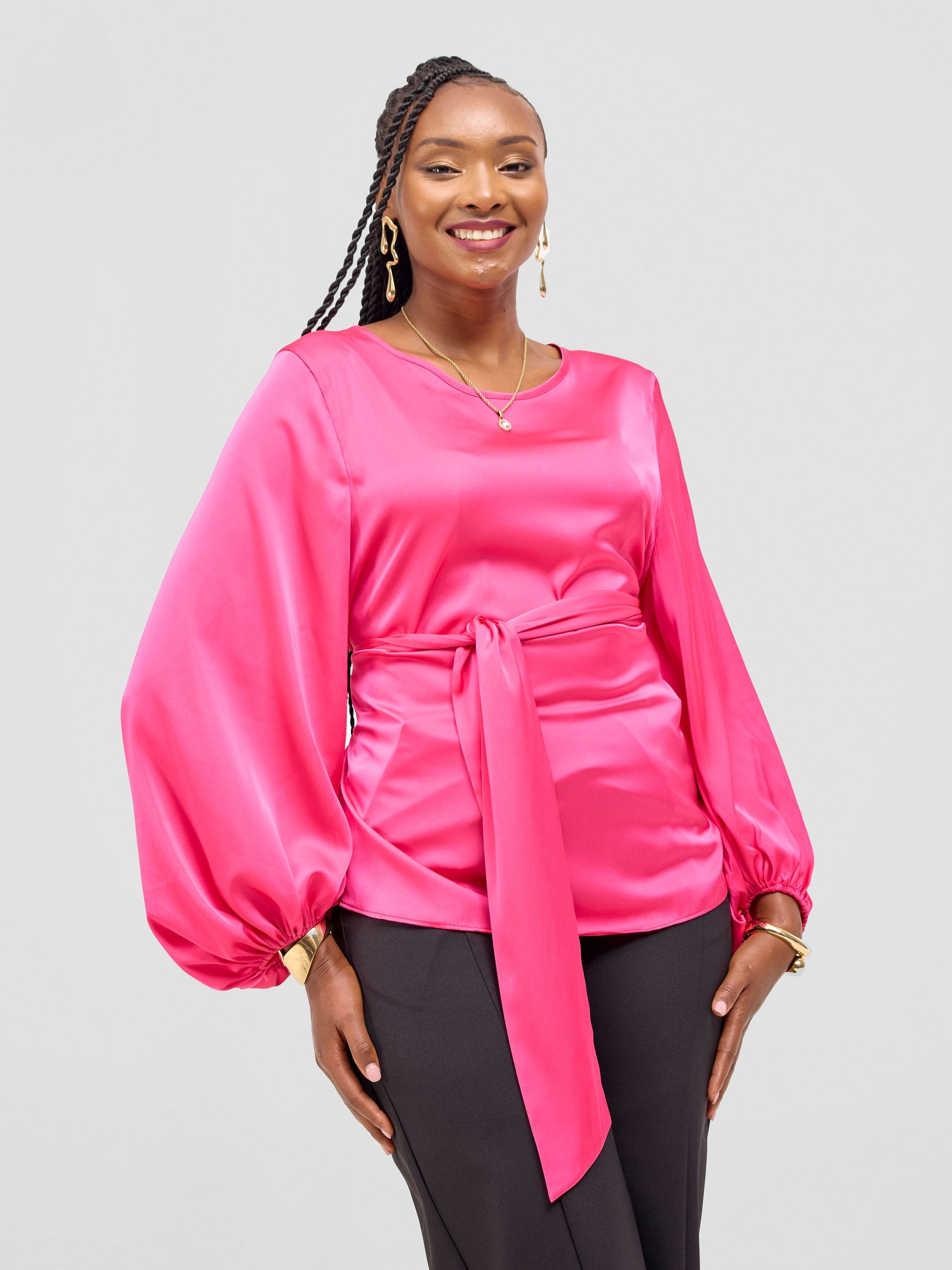 Vivo Basic Izzy Satin Bishop Sleeve Top - Pink