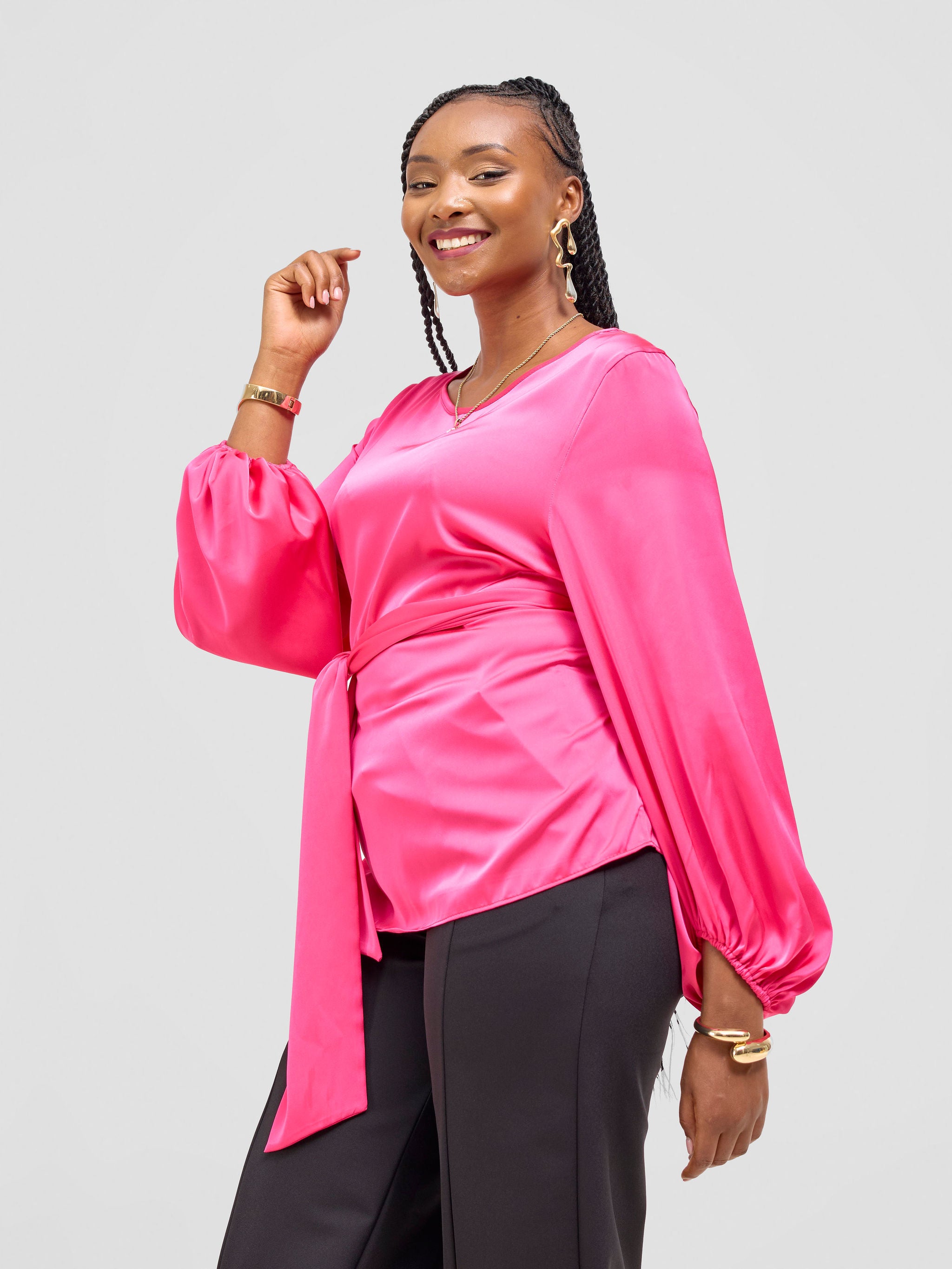 Vivo Basic Izzy Satin Bishop Sleeve Top - Pink