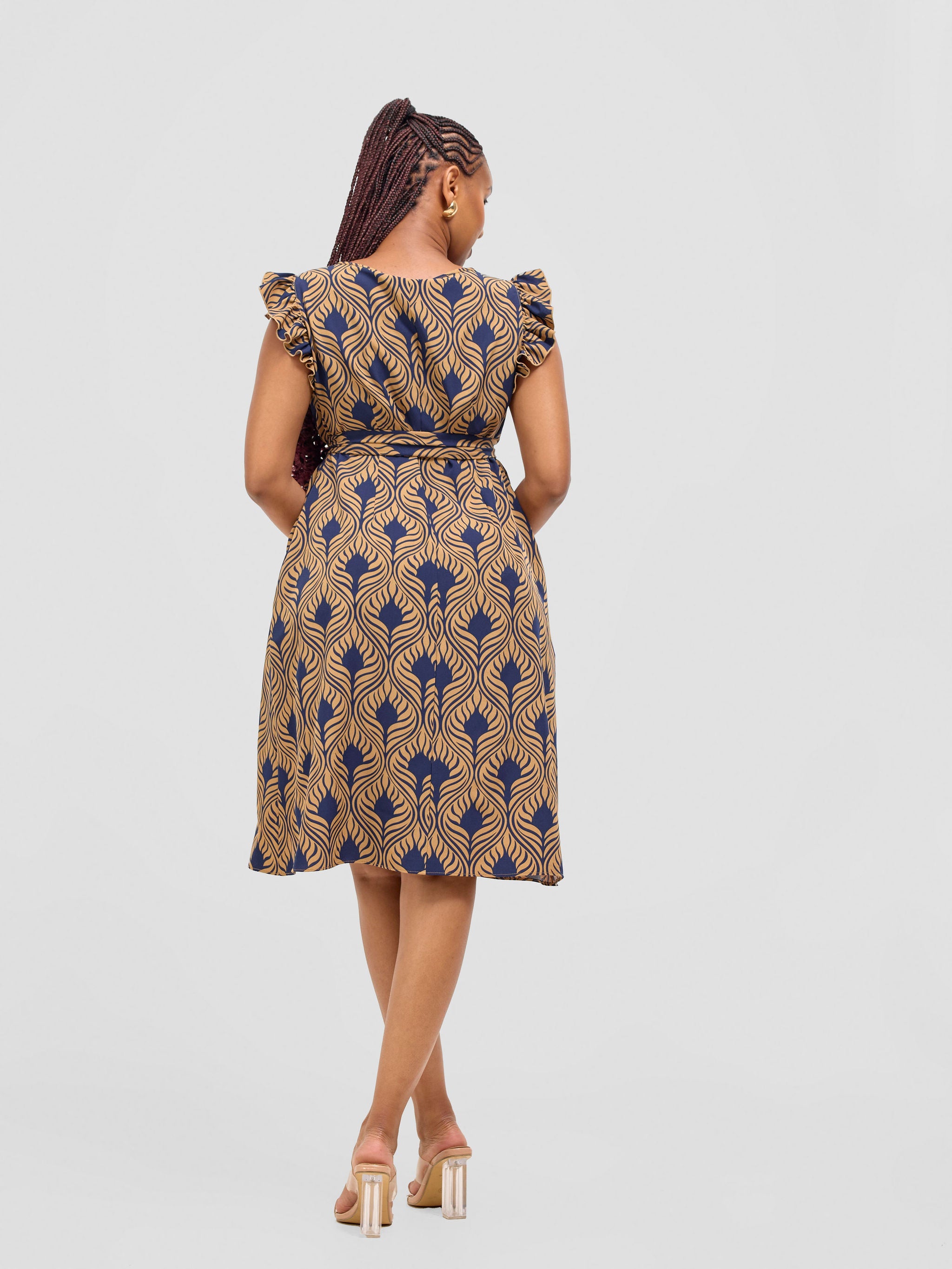 Vivo Nasinka A-line Knee Length Dress - Navy / Tan Sika Print