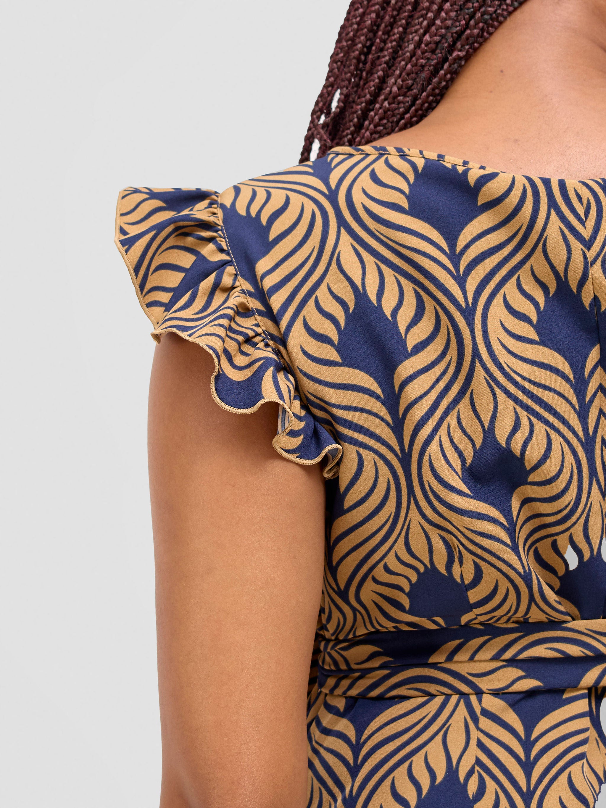 Vivo Nasinka A-line Knee Length Dress - Navy / Tan Sika Print