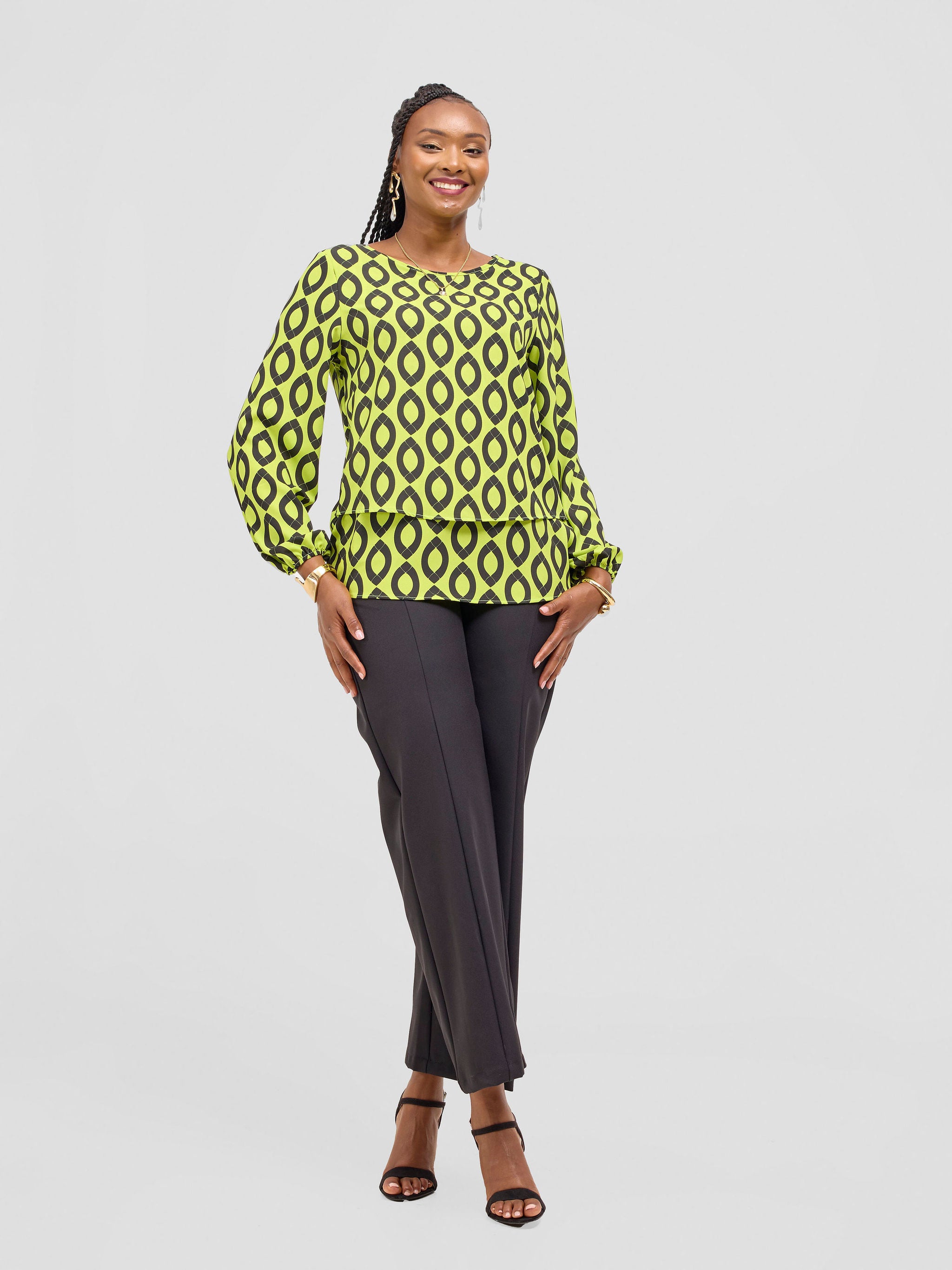 Vivo Jasiri Bishop Sleeve Layered Top - Lime Green / Black Dala Print