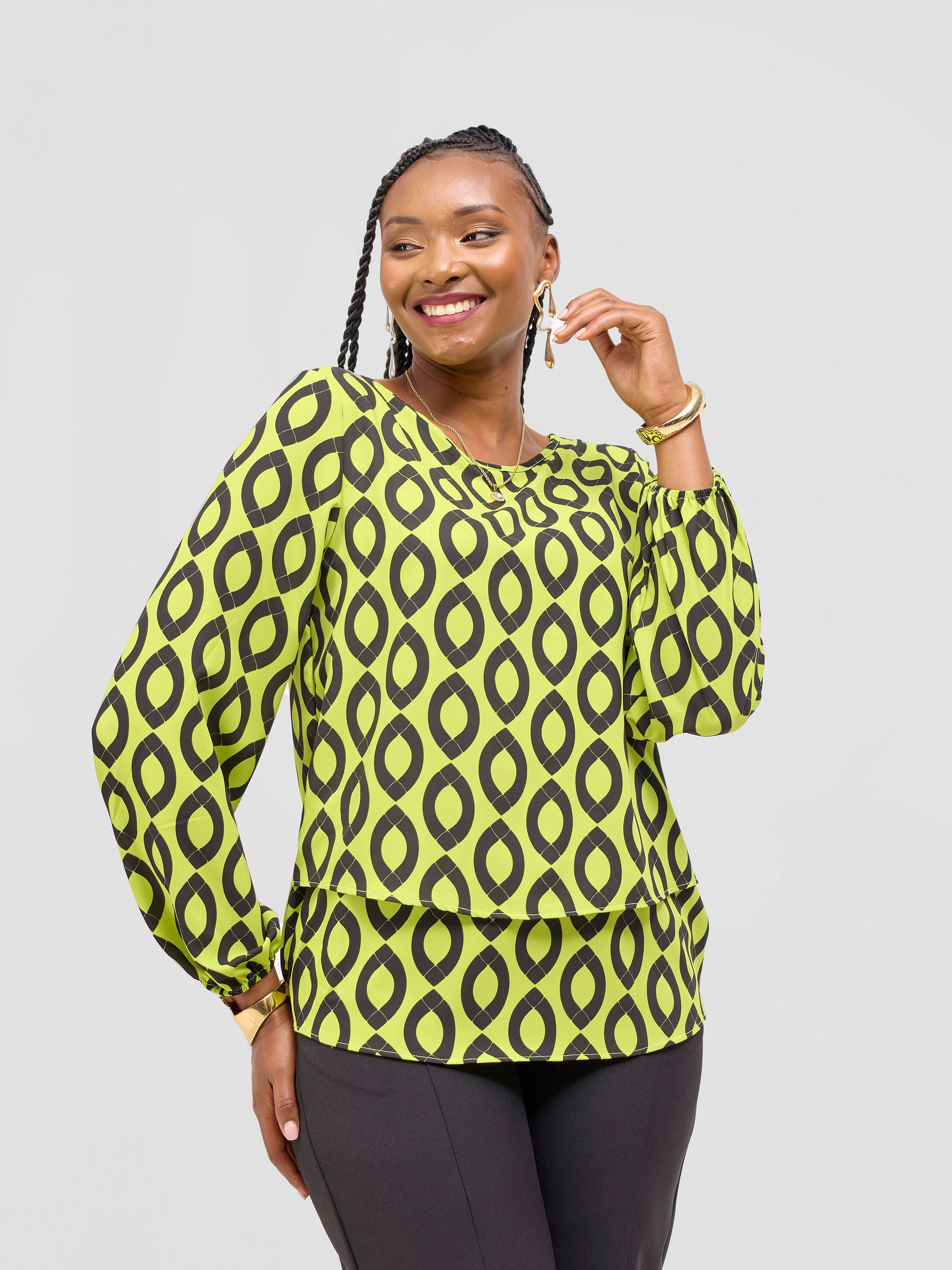 Vivo Jasiri Bishop Sleeve Layered Top - Lime Green / Black Dala Print