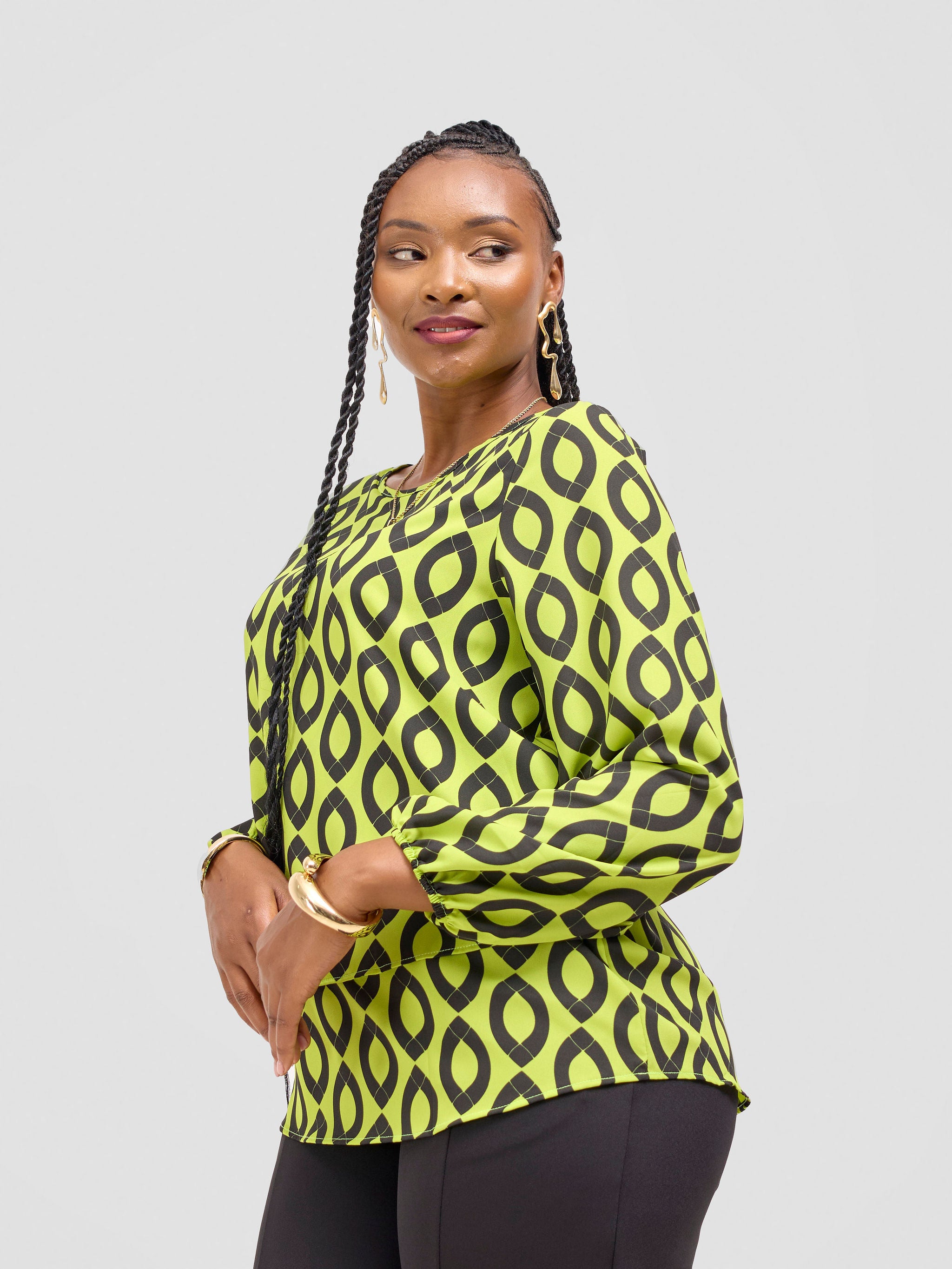 Vivo Jasiri Bishop Sleeve Layered Top - Lime Green / Black Dala Print