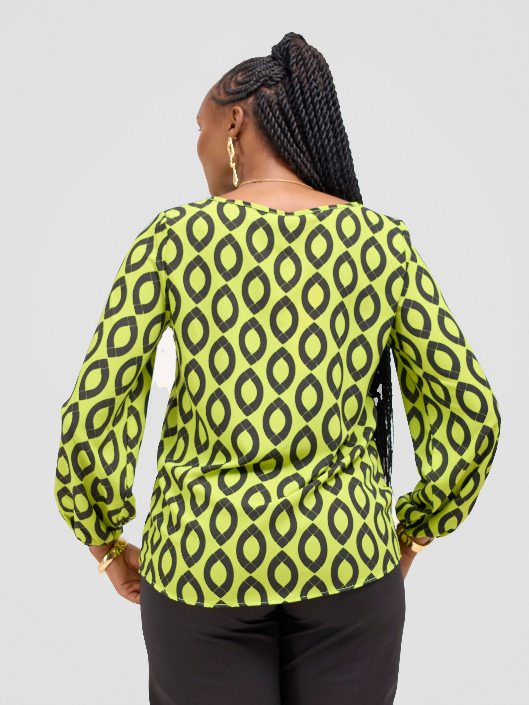 Vivo Jasiri Bishop Sleeve Layered Top - Lime Green / Black Dala Print